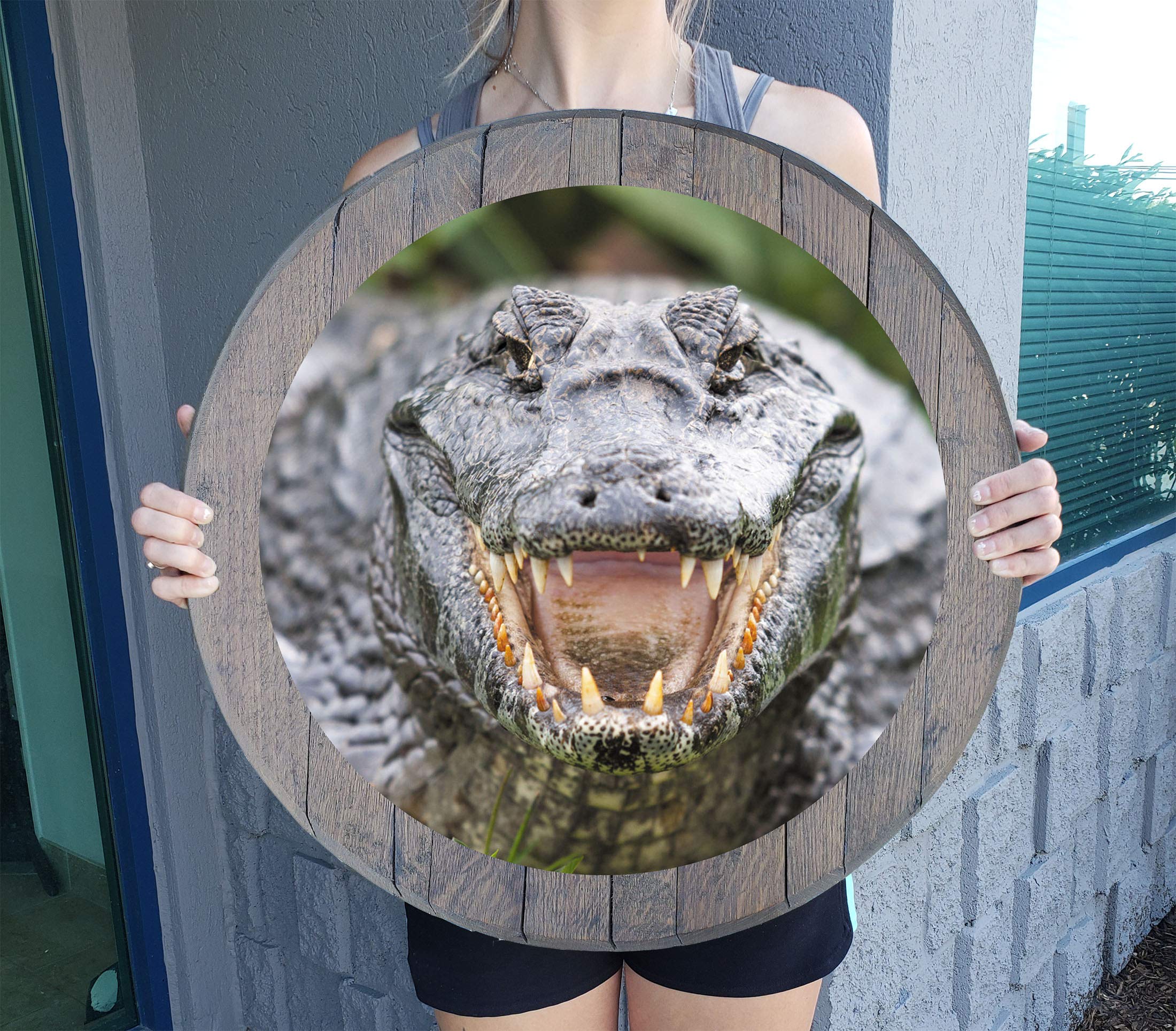 Rustic Alligator Crocodile Wall Art - Swamp King Man Cave Decor with Barnwood Gray Finish on Whiskey Barrel Lid | Perfect for Hunting Lodge, Southern Home Decor & Outdoor-Themed Bars