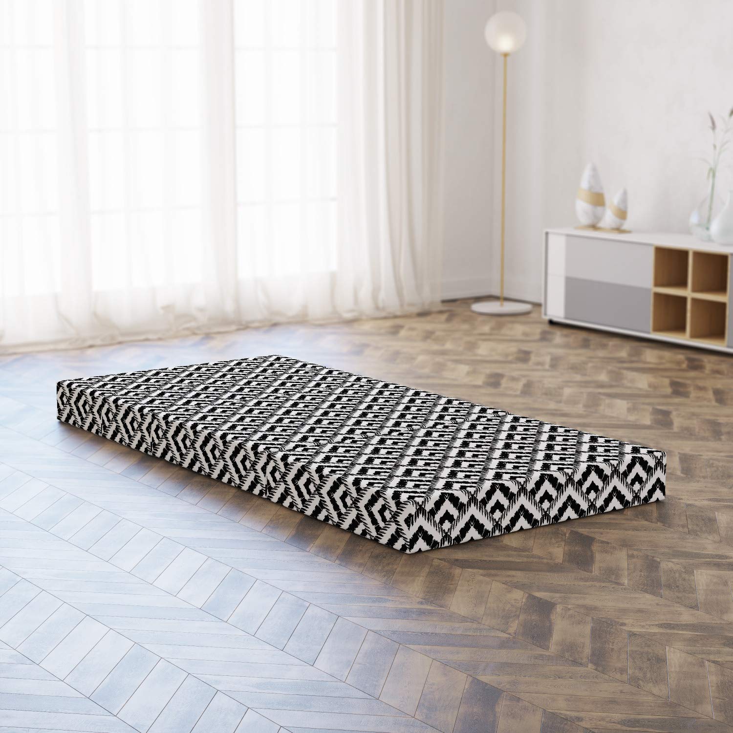 Ambesonne Black and White Foldable Mattress - Chevron Lines Design, 74.8