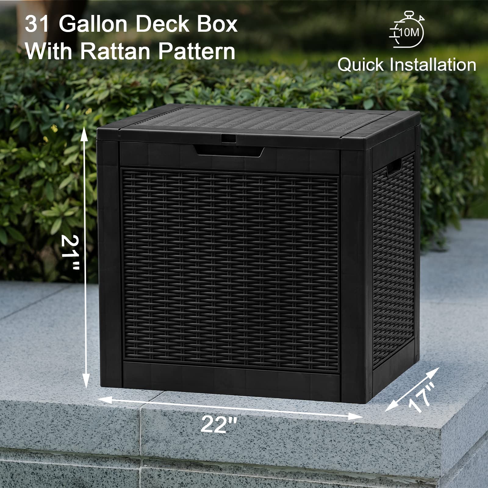 31 Gallon Waterproof Deck Box with Lock - Outdoor Storage Box for Patio Tools, Garden Supplies, Pool Accessories & More - Durable Rattan Design for Backyard, Porch & Poolside Organization