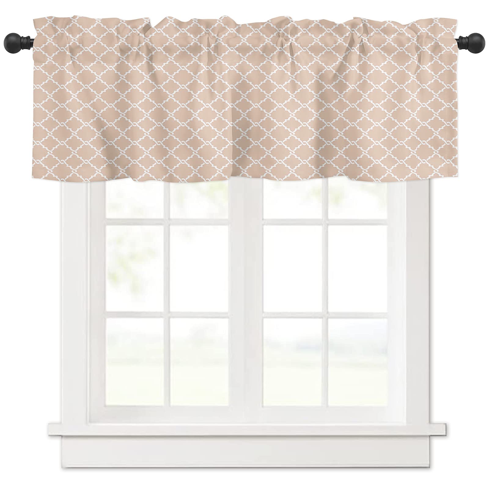 Geometric Pattern Rod Pocket Valance Curtain - Moroccan Quatrefoil Design Window Treatment (54x18 Inch) for Kitchen, Bathroom & Bedroom - Perfect for Farmhouse, Boho & Modern Home Decor
