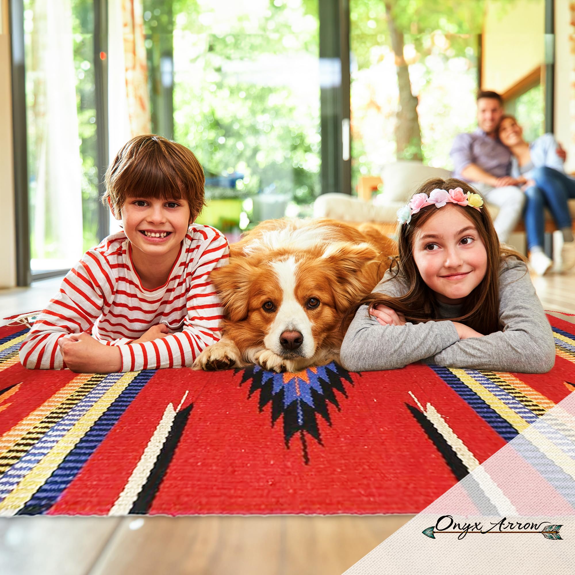 Southwestern Washable Boho Area Rug - Indoor/Outdoor Farmhouse Decor Rug - Western Style for Living Room, Dining, Bedroom - Center Diamond Pattern in Red/Orange - 32x64 Inches - Perfect for Southwest Home Decor & Patio Use