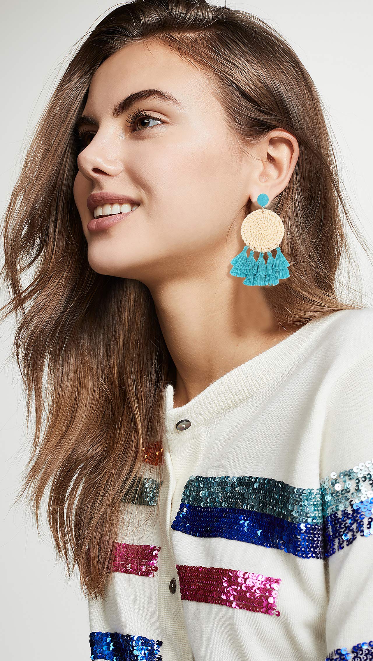 Handmade Bohemian Rattan Earrings for Women - Lightweight Layered Tassel Drop Dangle Earrings with Wicker Straw Texture | Perfect for Summer Festivals, Beach Vacations & Boho Chic Outfits