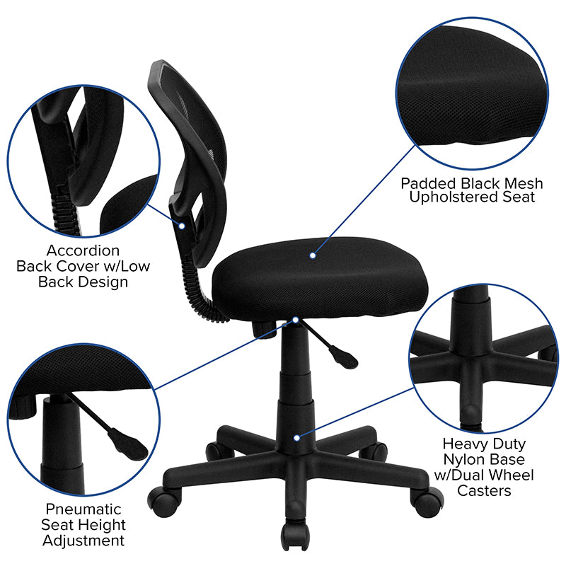 Ergonomic FLASH Neri Low Back Mesh Office Chair with Swivel Base & Curved Square Back - Breathable Mesh Task Chair for Home Office, Gaming & Workspaces