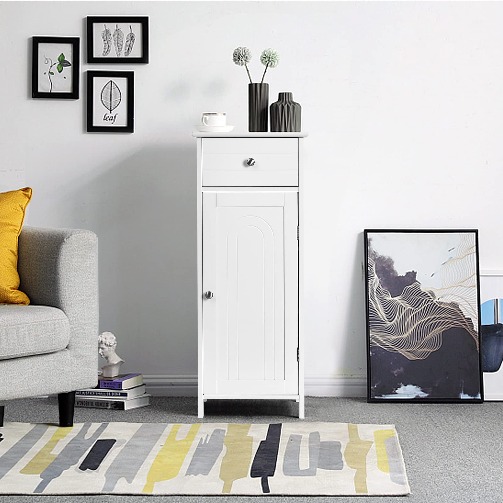 GOFLAME Freestanding Bathroom Storage Cabinet - White Wooden Organizer with Large Drawer & 7-Position Adjustable Floating Shelves | Perfect for Bathroom, Living Room & Bedroom Storage Solutions