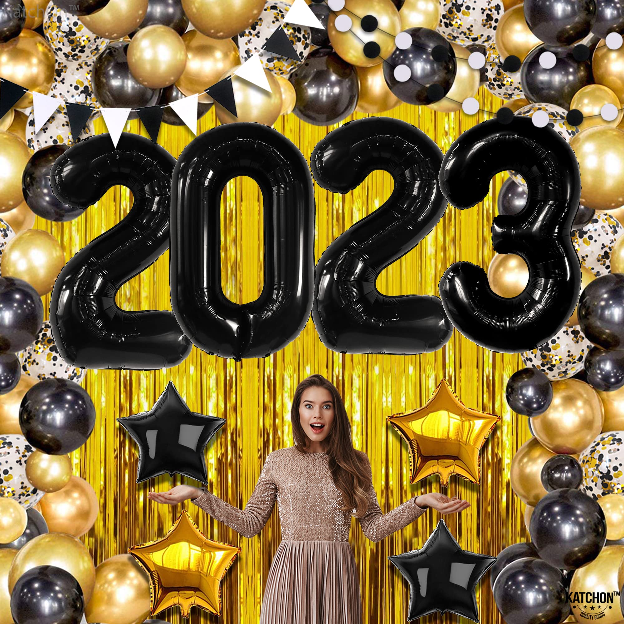 KatchOn 2023 Graduation Balloon Arch Kit - 90-Piece Black & Gold Graduation Decorations Set for Class of 2023 | Includes Backdrop & Party Supplies | Perfect for Graduation Ceremonies, Photo Booths & Grad Parties