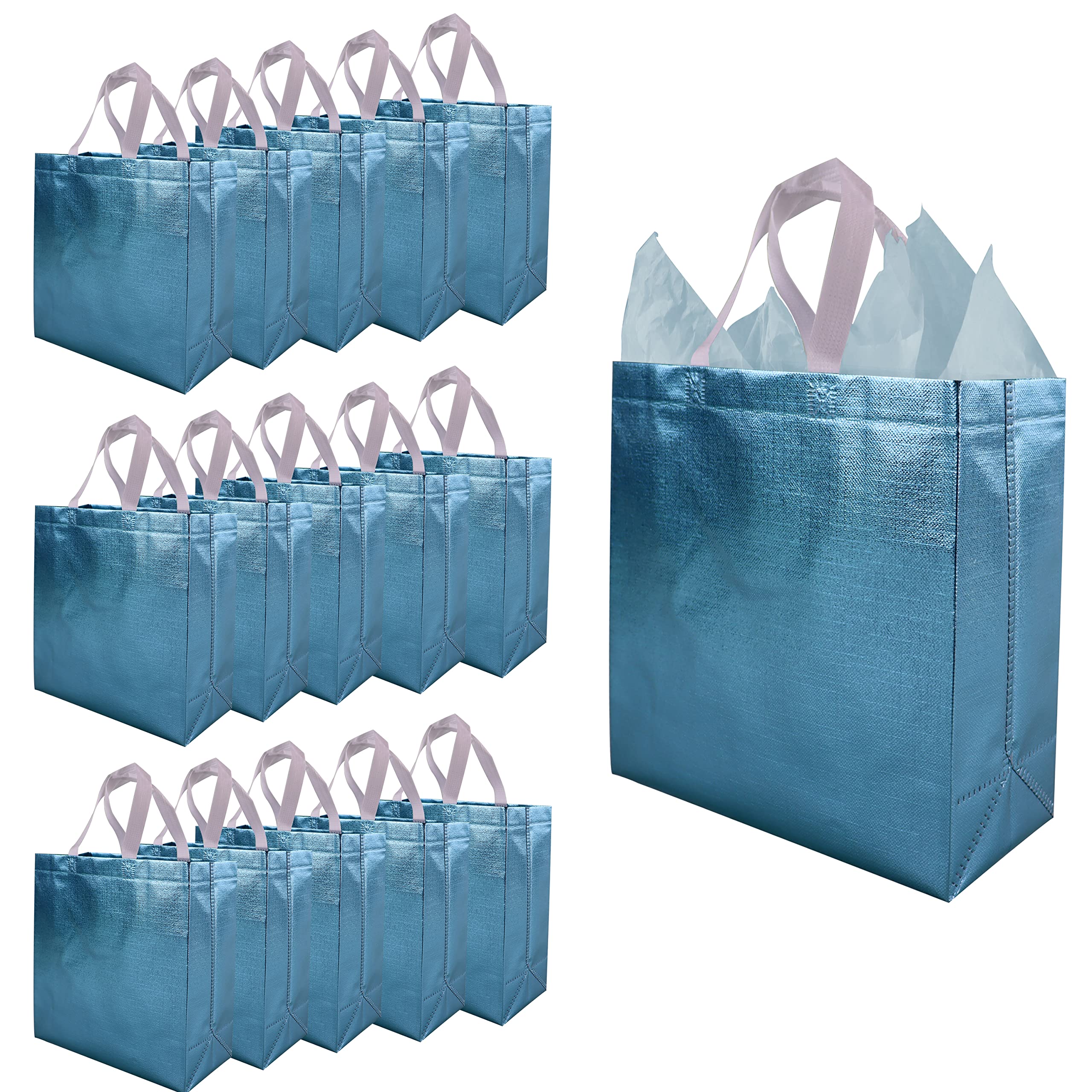 CHENGBAI 15-Pack Blue Metallic Shimmer Reusable Tote Gift Bags with Handles - Bulk Party Favor Bags for Birthdays, Weddings, Christmas & Holiday Gifting - Perfect for Gift Wrapping, Party Decorations & Event Favors
