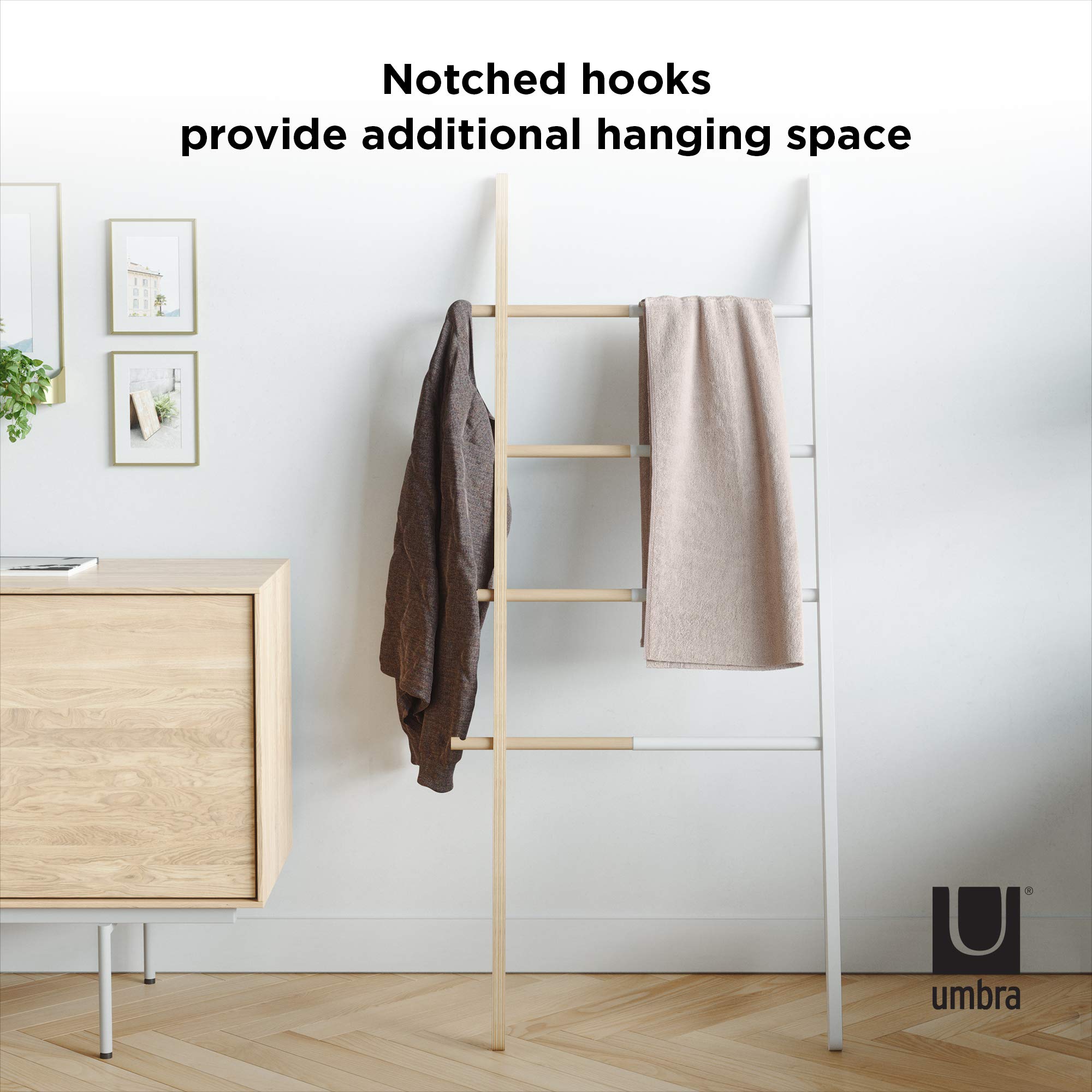 Umbra Hub Ladder - Expandable Freestanding Clothing Rack, Bathroom Towel Holder & Clothes Organizer in White/Natural - Perfect for Bedroom, Laundry Room & Small Space Organization