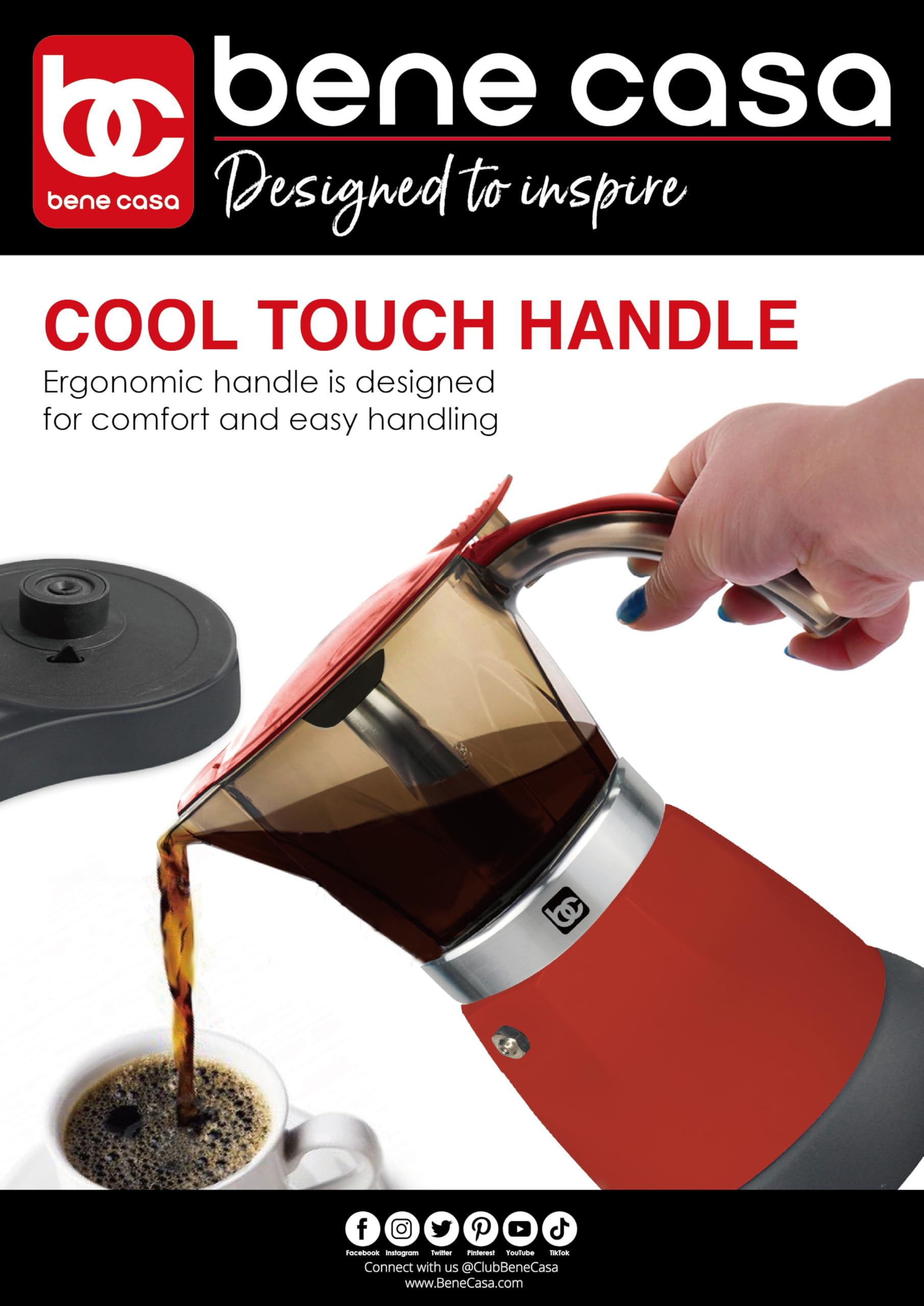 Bene Casa Red Portable Electric Espresso Maker - 3 or 6 Cup Capacity, Fast Heating, Compact Design - Perfect for Home, Office, Travel & Camping Coffee Lovers