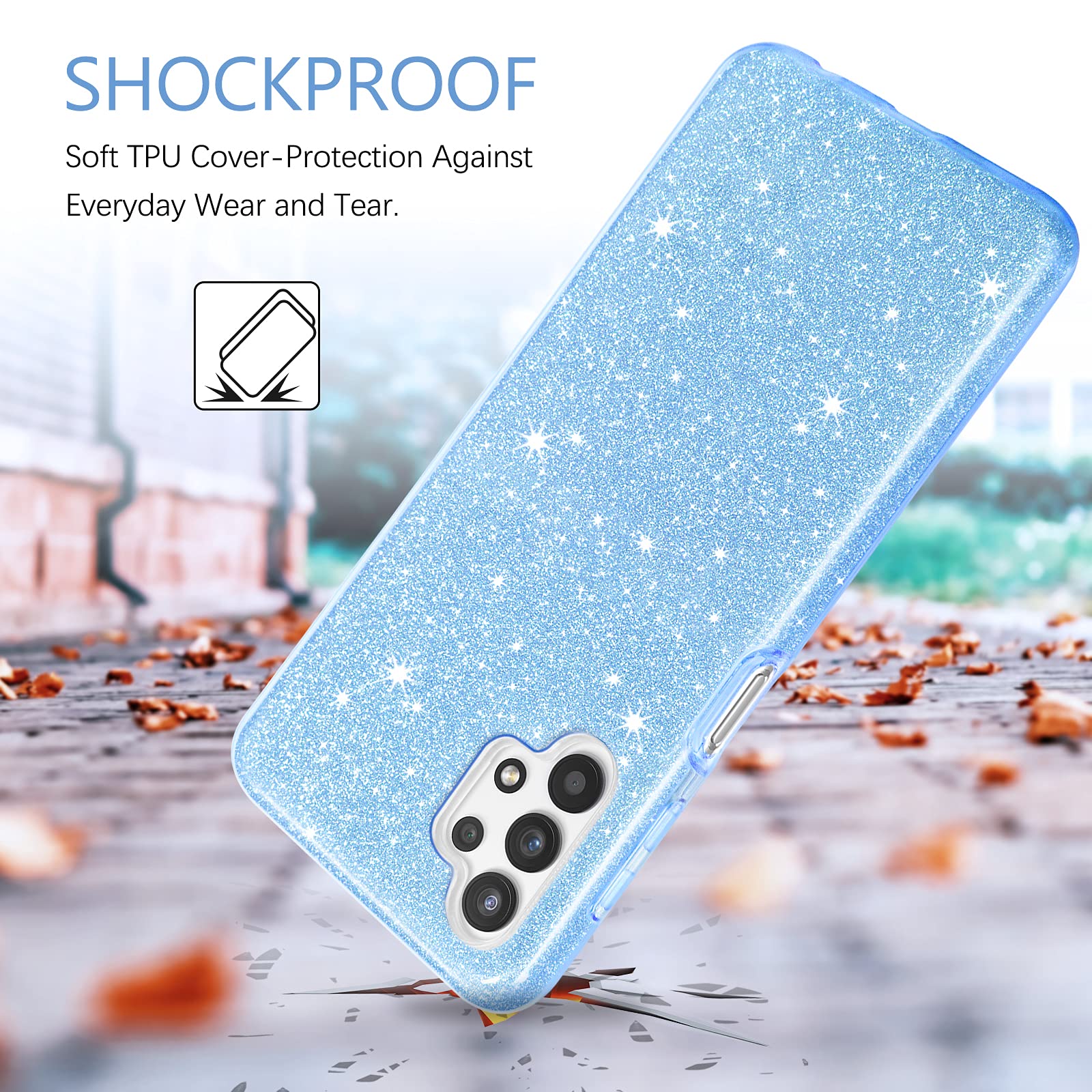 Sparkly Glitter Samsung Galaxy A32 5G Case - Shockproof Protective Hybrid Cover with Finger Ring & Kickstand for Women | Perfect for Daily Use, Work & Travel (Blue)