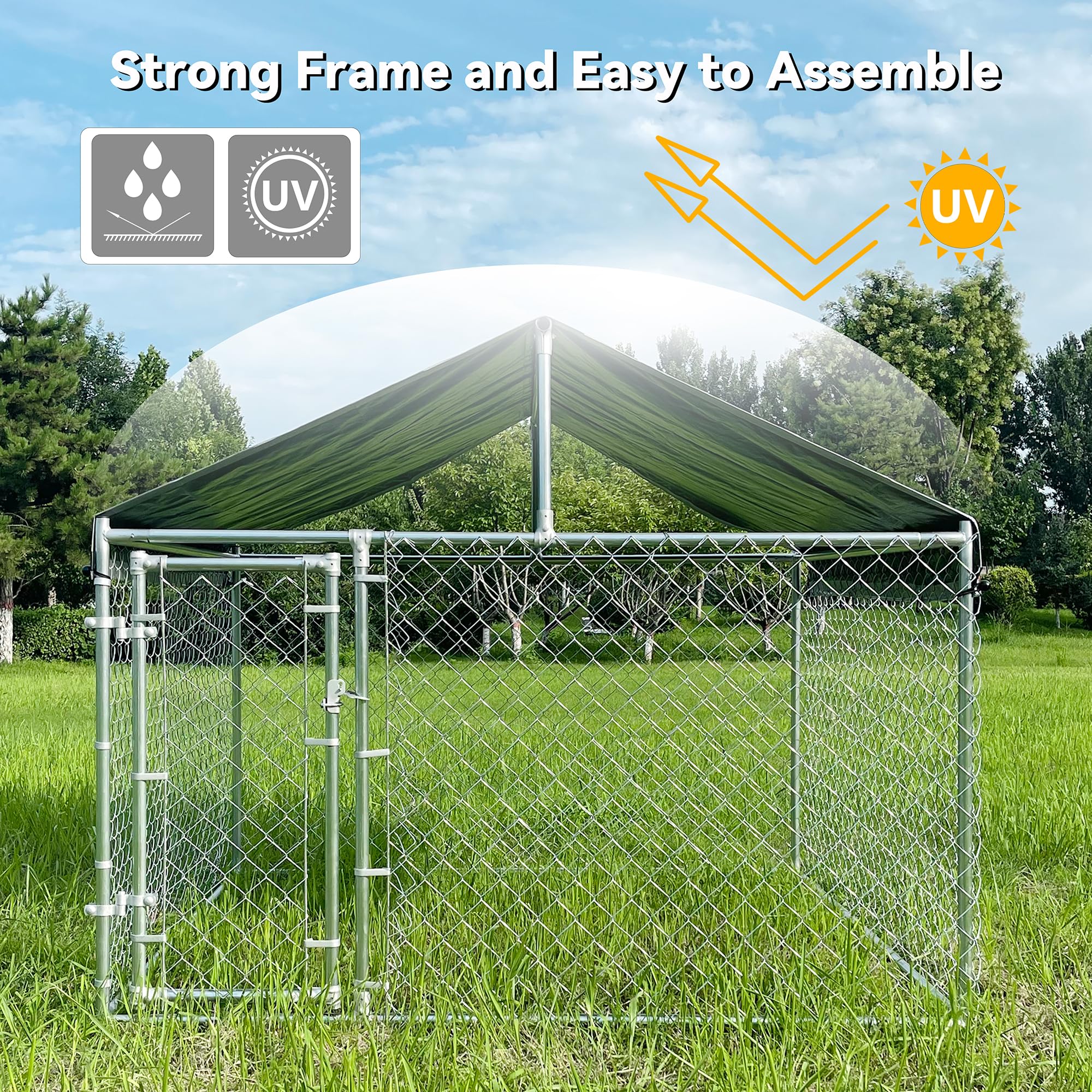 HITTITE Extra Large Outdoor Dog Kennel - Galvanized Steel Rust-Proof Dog Crate with Roof, Waterproof UV-Resistant Cover & Secure Lock - Durable Chain Link Dog Run for Backyard, Garden, or Patio Use
