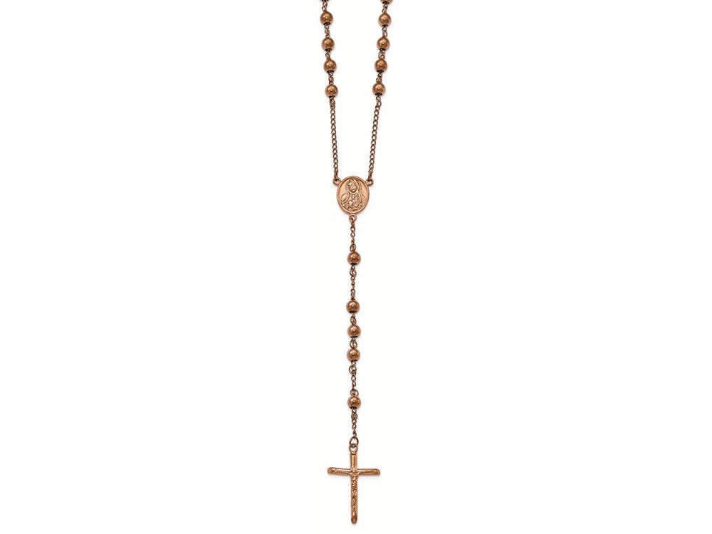 Stainless Steel Rosary Necklace - Polished Rose Gold IP-Plated Religious Pendant for Women & Men - Perfect for Church, Daily Wear & Gifts