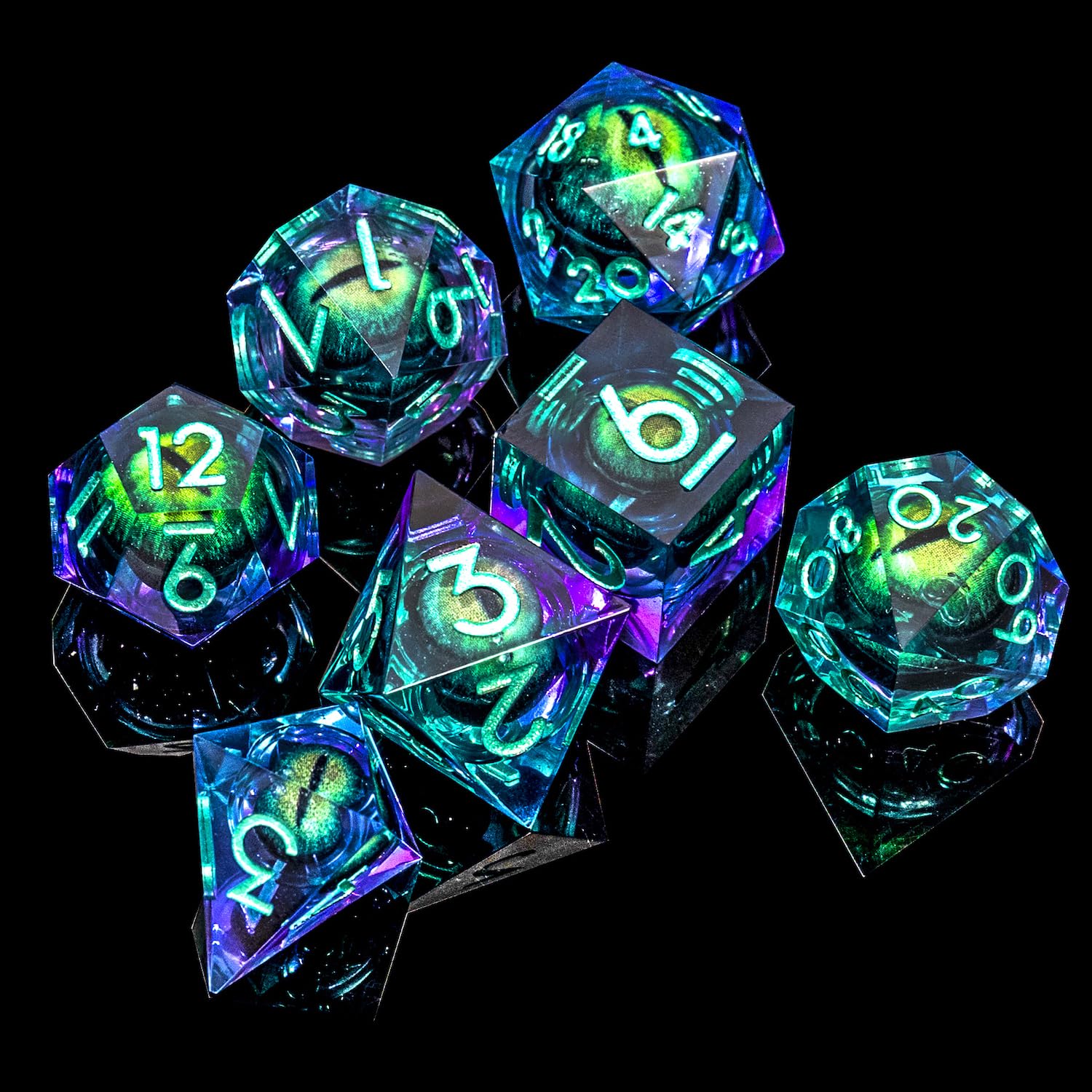 D&D Dragon Eye Dice Set - 7-Piece Sharp Edge Liquid Core Resin Handmade Dice with Cat Eye Effect for Dungeons & Dragons, RPG, TTRPG (Green Purple Dragon Eye) - Perfect for Tabletop Gaming, Gift Giving & Roleplaying Adventures