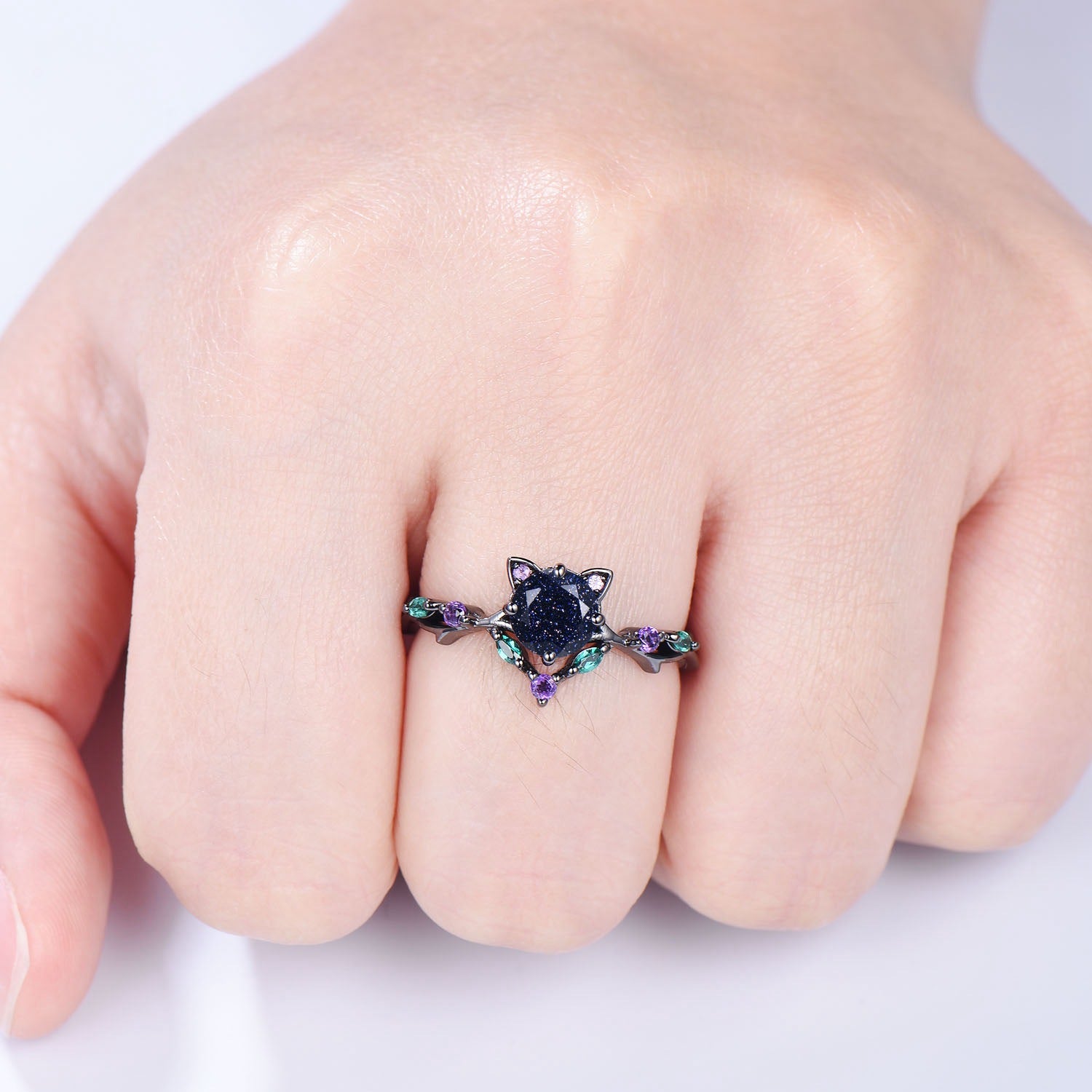 5mm Round Blue Sandstone Vintage Galaxy Starry Engagement Ring - Black Gold Cat Promise Ring with Marquise Emerald - Elegant Wedding Jewelry for Her, Perfect for Proposals, Anniversaries & Special Occasions