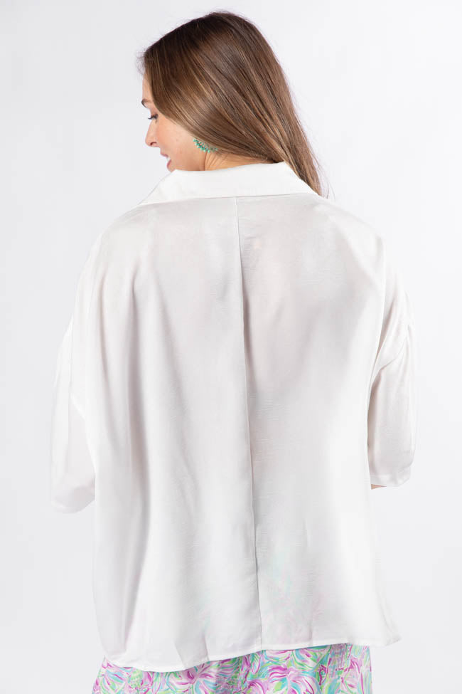 Elegant Ivory Oversized Satin Blouse with Dramatic Collar - Women's Fashion Top for Office, Party & Special Occasions