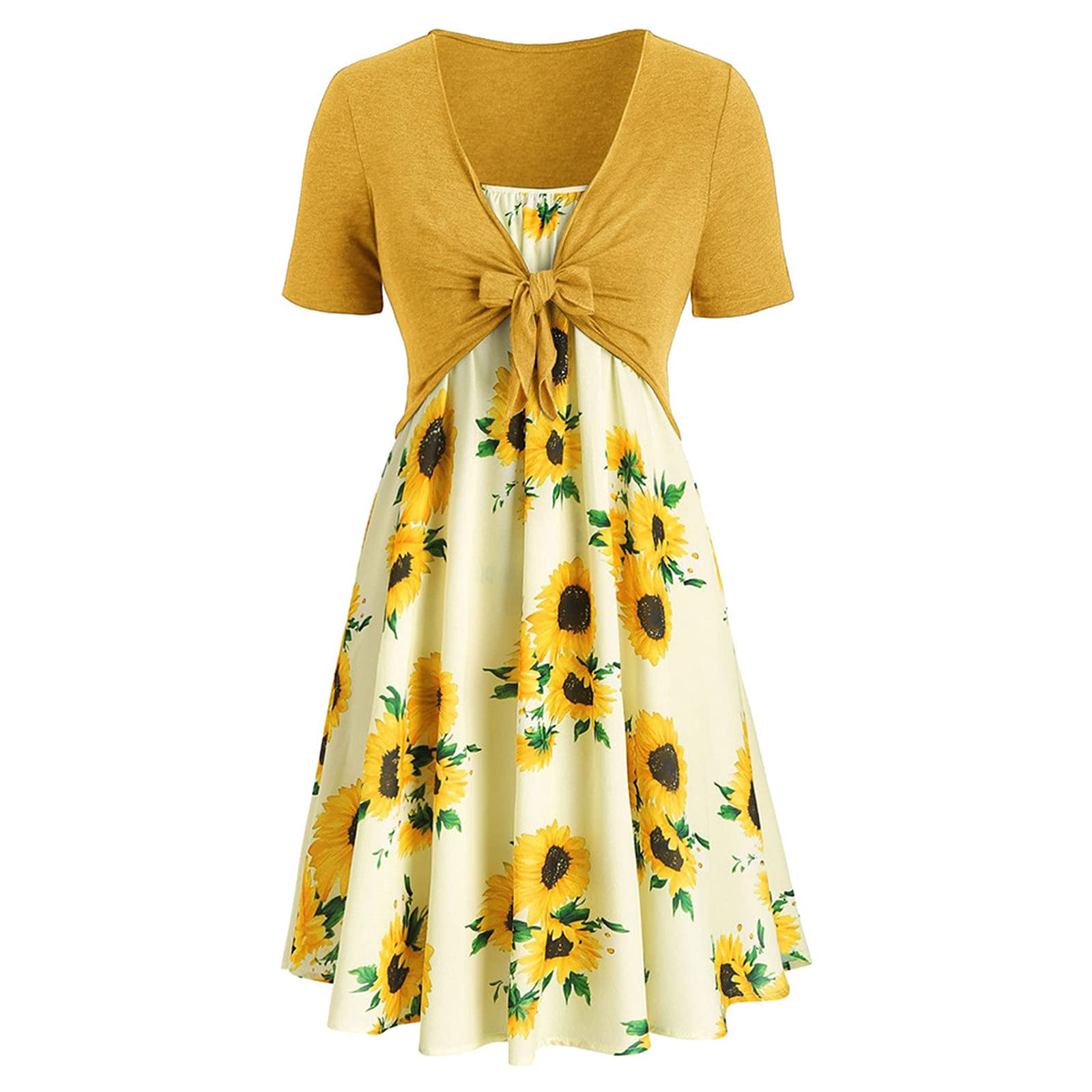 Boho Striped Maternity Dress for Women - Summer Casual Short Sleeve Sunflower Print Swing Dress with Bow Knot Bandage Top (Yellow, Large) | Perfect for Cocktail Parties, Beach Vacations & Pregnancy Photoshoots
