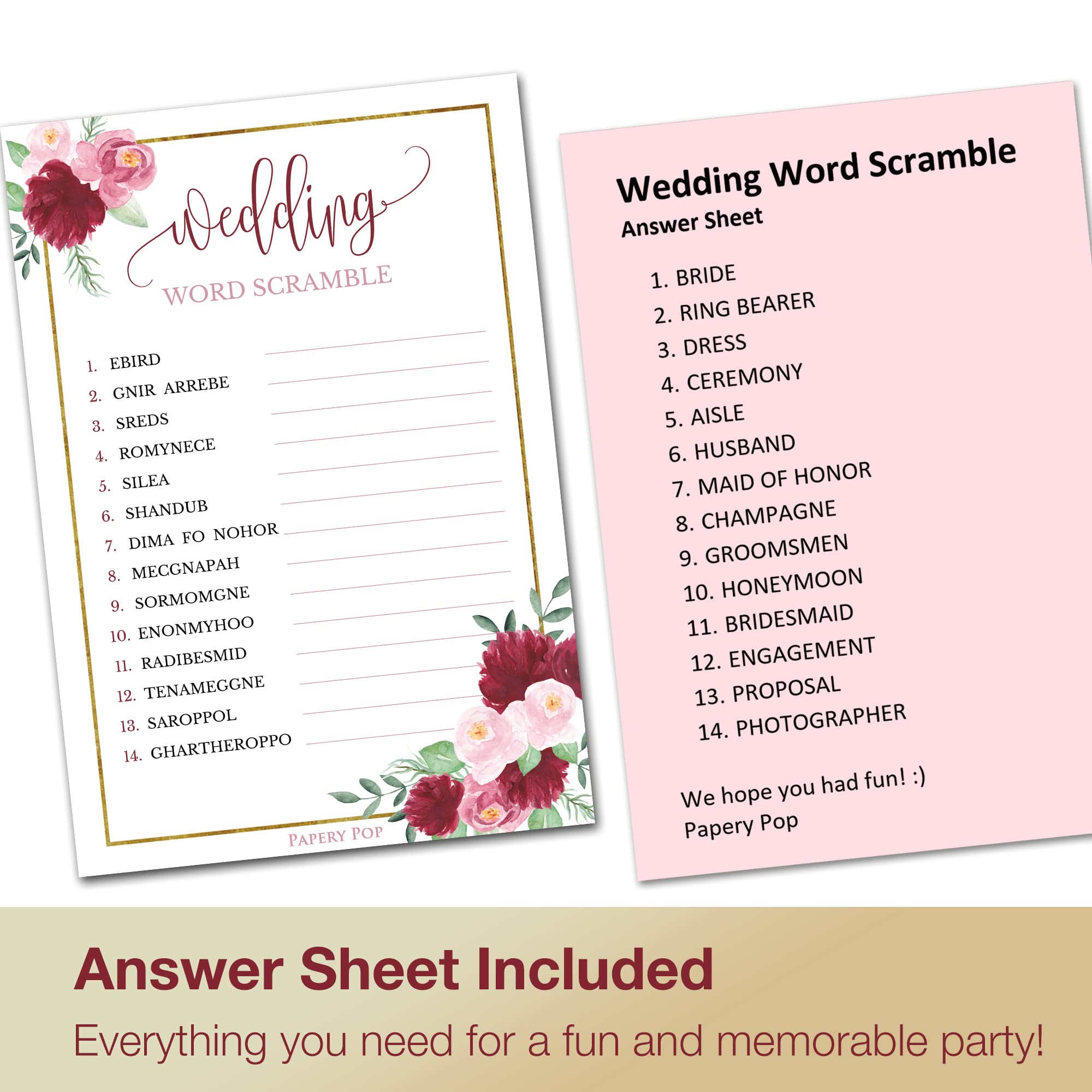 Papery Pop Bridal Shower Games Set - 4 Fun Wedding Party Games for 30 Guests with Rose Gold Double-Sided Cards - Perfect for Bachelorette Parties, Bridal Showers & Wedding Receptions