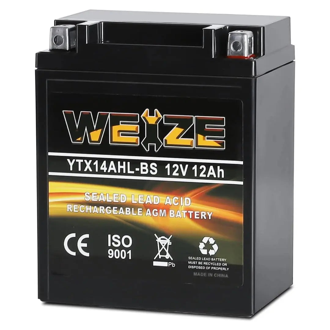 WEIZE YTX14AHL BS 12V 12Ah High Performance AGM Sealed Motorcycle Battery - Compatible with Polaris Scrambler, Sportsman 90, Honda NQ50 Spree Scooters, Kawasaki KLX110 - Perfect for Off-Road, ATV & Powersports Vehicles