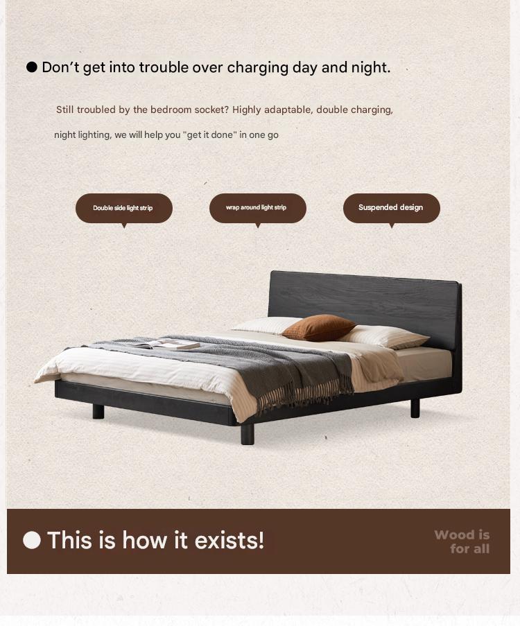 Solid Oak Wood Luminous Floating Bed Frame - Modern Platform Bed with LED Lighting for Bedroom, Guest Room or Dorm
