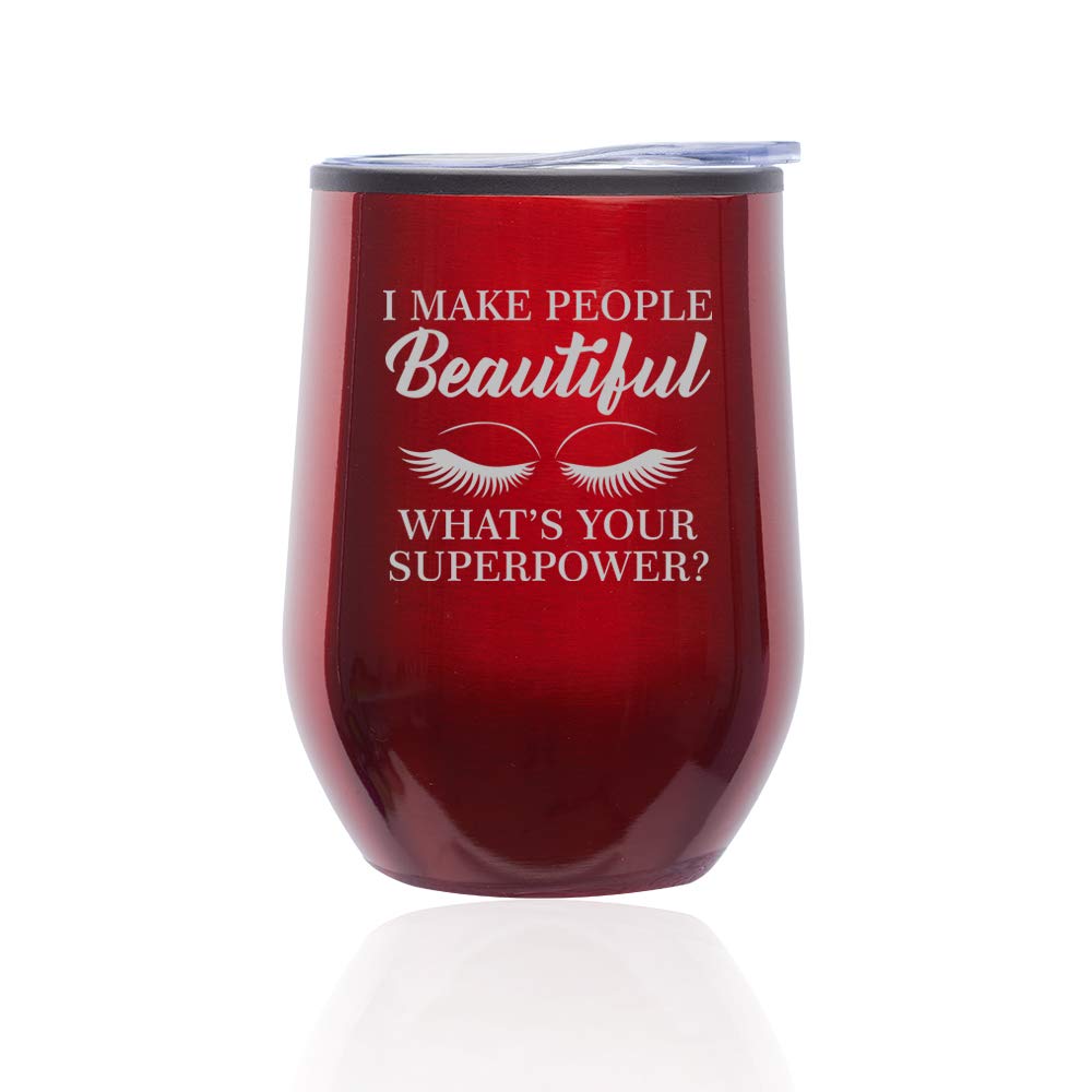 Stemless Wine Tumbler with Lid - Double Wall Insulated Coffee Travel Mug for Lash Artists & Estheticians - 'I Make People Beautiful' Motivational Quote (Red) - Perfect for Salon, Spa, or On-the-Go Beverages