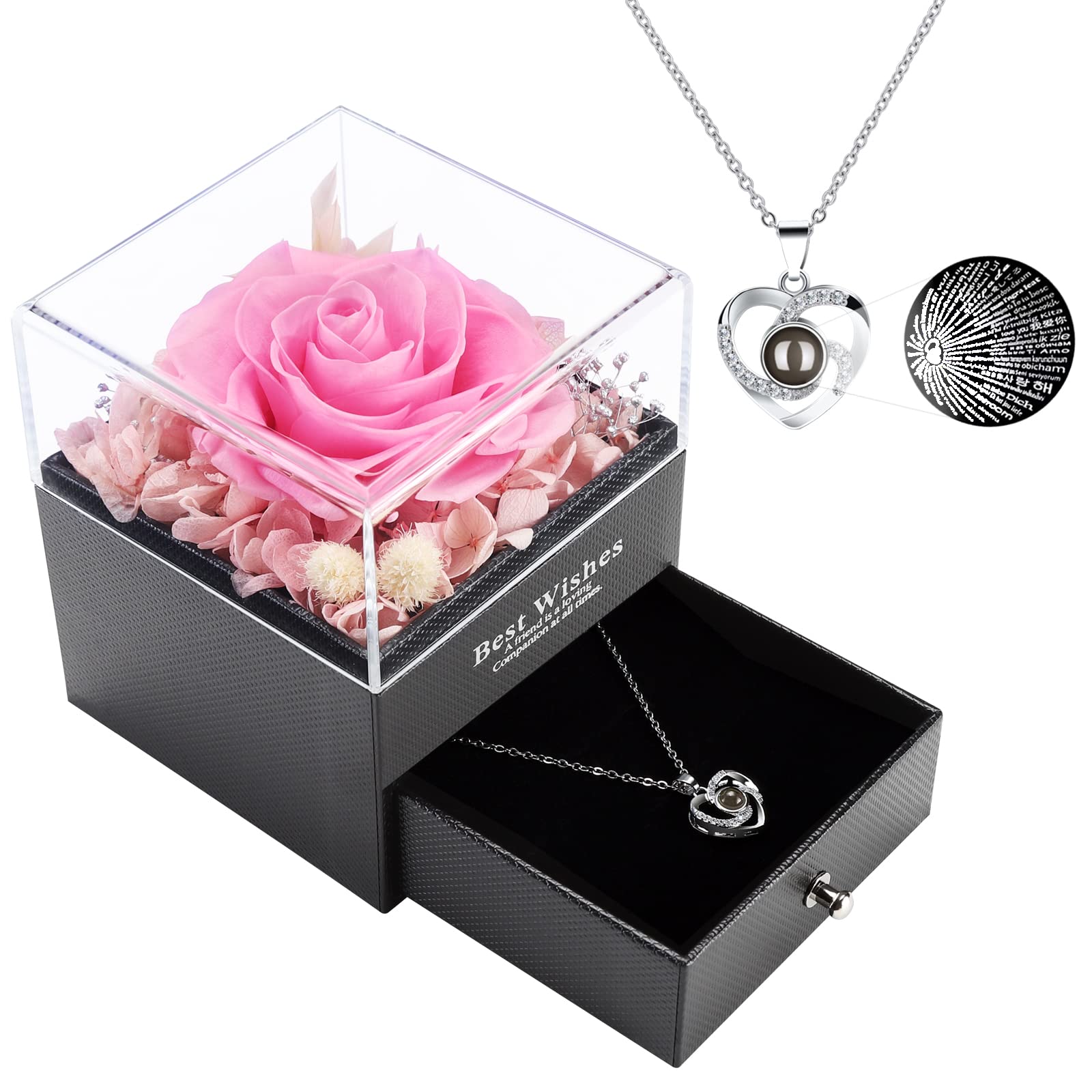 Eternal Preserved Rose Necklace - 'I Love You' in 100 Languages, Christmas Rose Flower Gift for Anniversary, Valentine's Day, Mother's Day & Birthday | Perfect Romantic Jewelry Gift for Wife, Girlfriend or Mom | Ideal for Date Nights, Proposals & Special Occasions