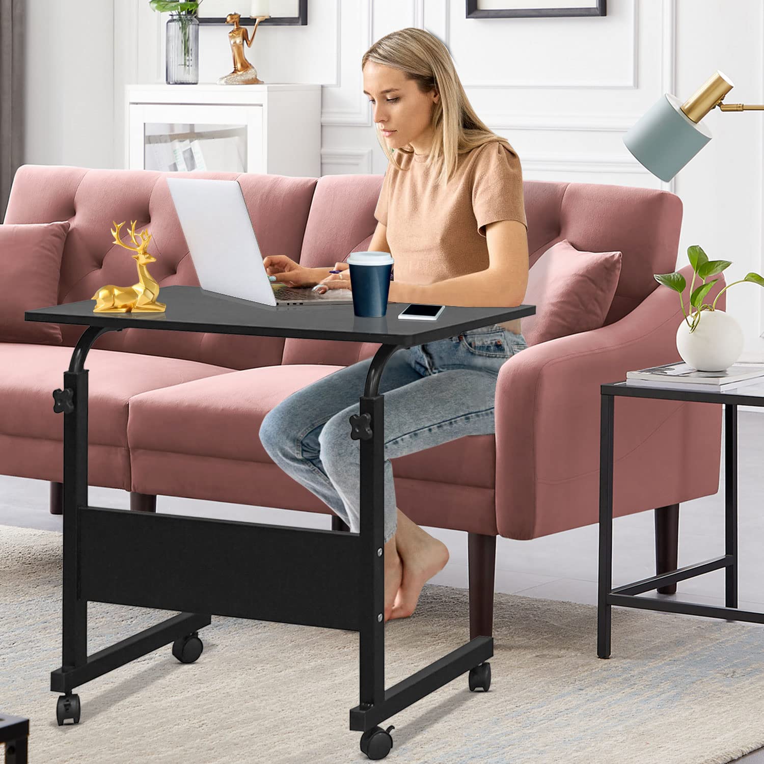Adjustable Height Mobile Laptop Desk Cart with Wheels - Portable Rolling Laptop Stand for Home Office, Bed, Couch & Sofa - Ergonomic Computer Table with Tray for Work, Study & Relaxation (Black, Small Size)