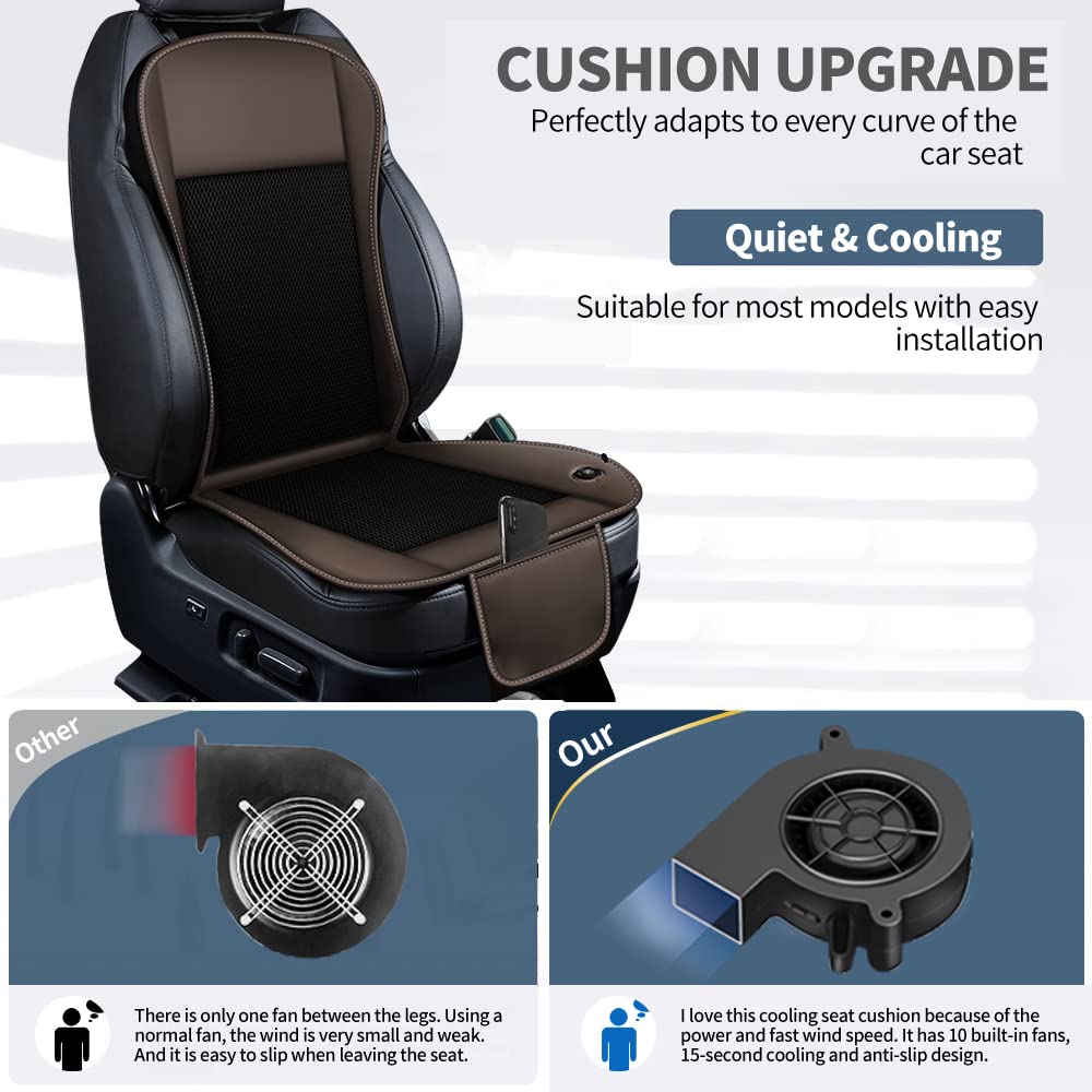 Cooling Car Seat Cushion with 10 Fans & 3-Temperature Settings - 12V Ventilated Seat Cover Cools in 15 Seconds - Breathable Mesh with Storage Pockets for Summer Driving Comfort (Brown) - Perfect for Long Commutes, Road Trips & Hot Weather