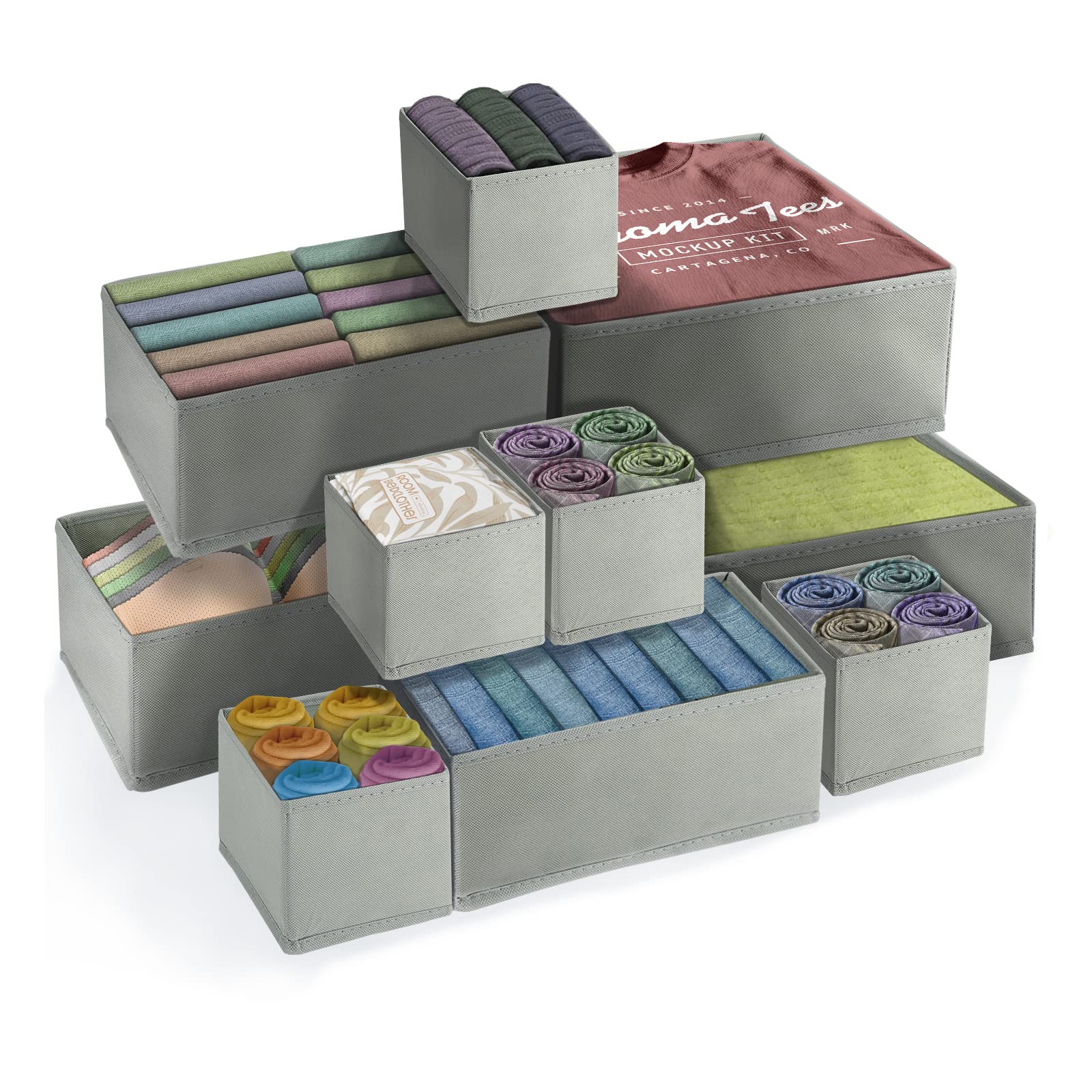 FAMKEEP 10-Piece Foldable Closet Organizer Set - Drawer Storage Box for Socks, Ties & Underwear (Gray) | Space-Saving Wardrobe Solution for Bedroom & Closet Organization