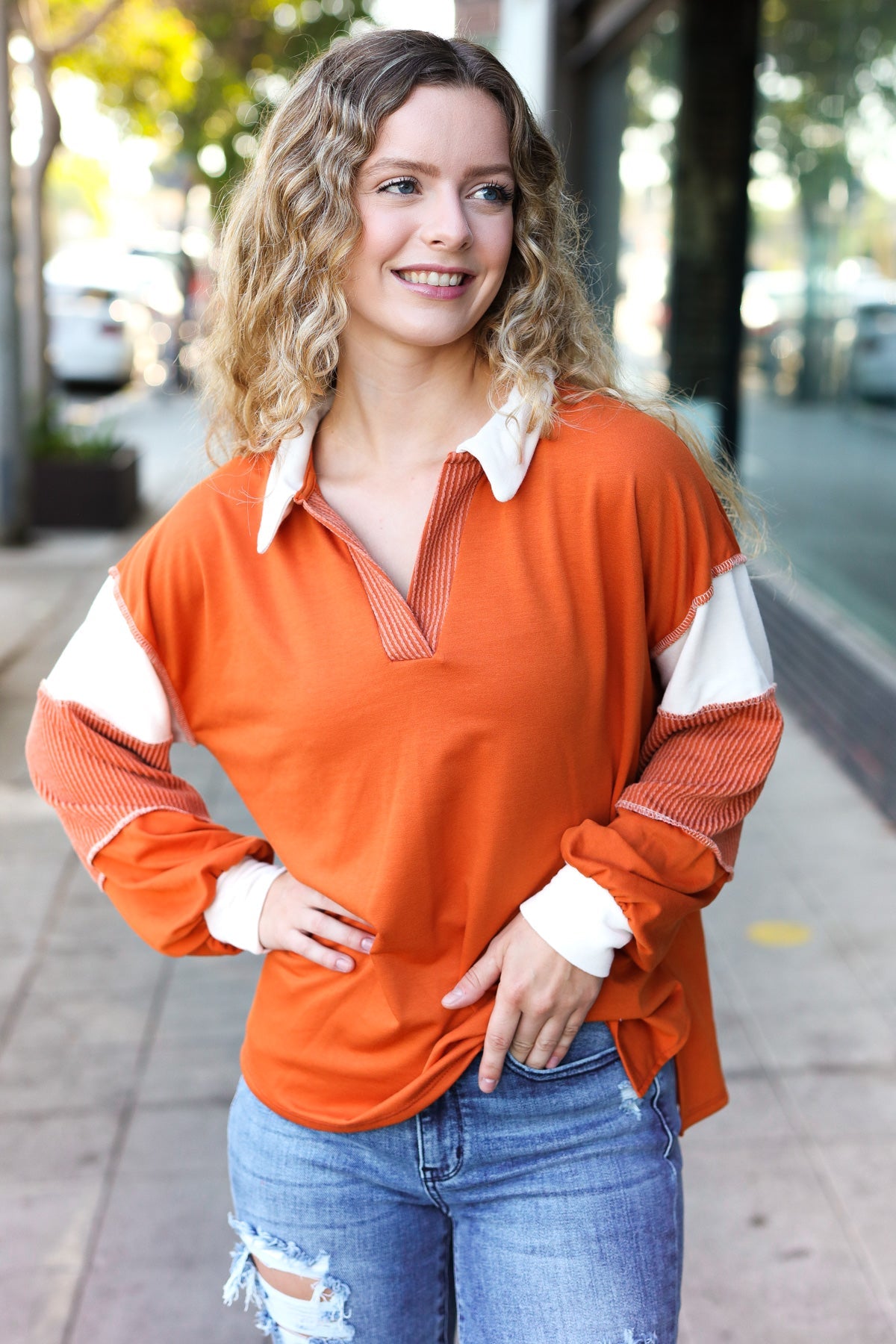 Falling For You Rust Color Block Collared French Terry Top | Women's Casual Long Sleeve Shirt | Perfect for Autumn Outfits, Coffee Dates & Weekend Errands