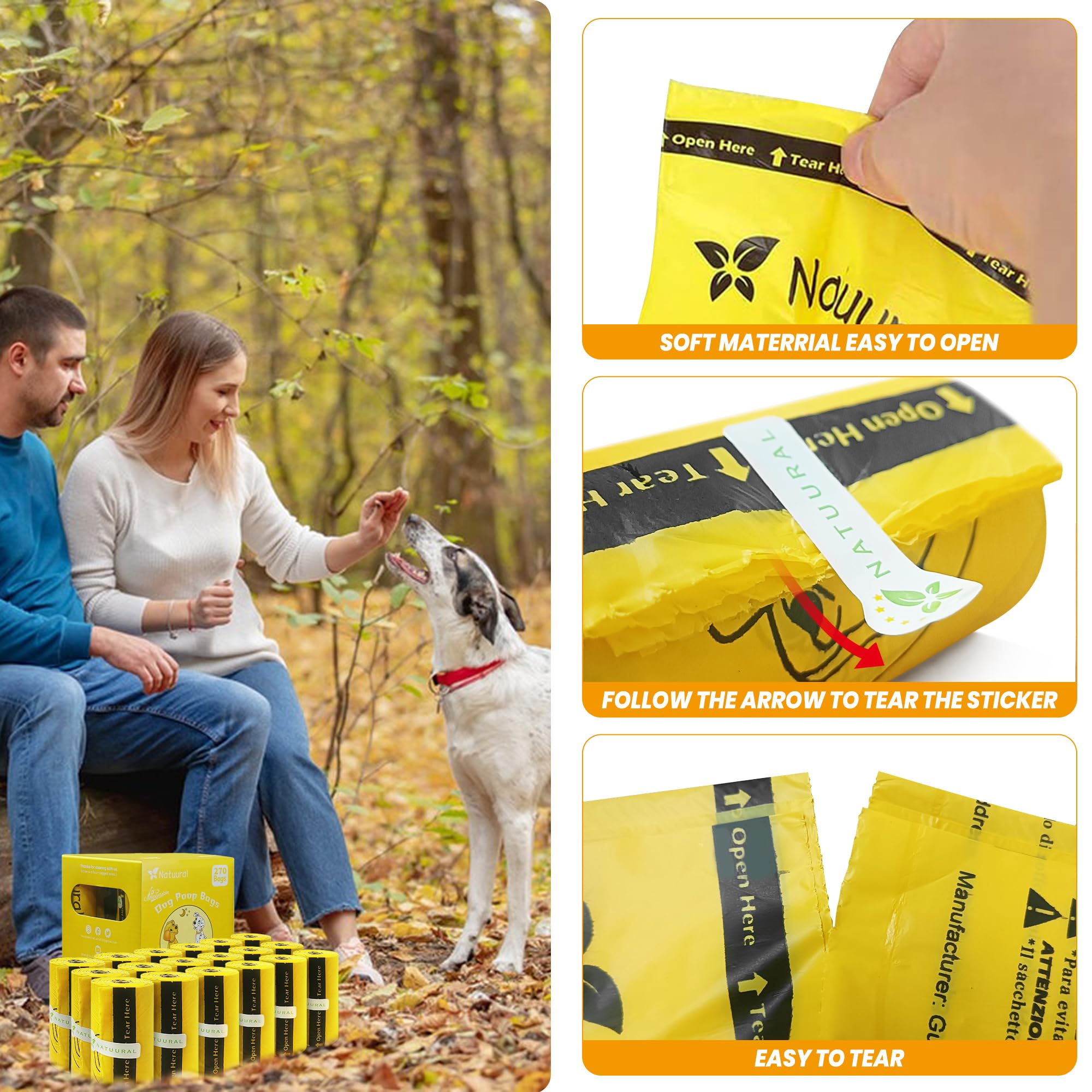 Certified Compostable Dog Poop Bags - 270 Count (18 Rolls) | Cornstarch-Based, Eco-Friendly & Durable | Unscented Yellow Waste Bags for Dogs | Perfect for Park Walks, Backyard Cleanup & Travel Use