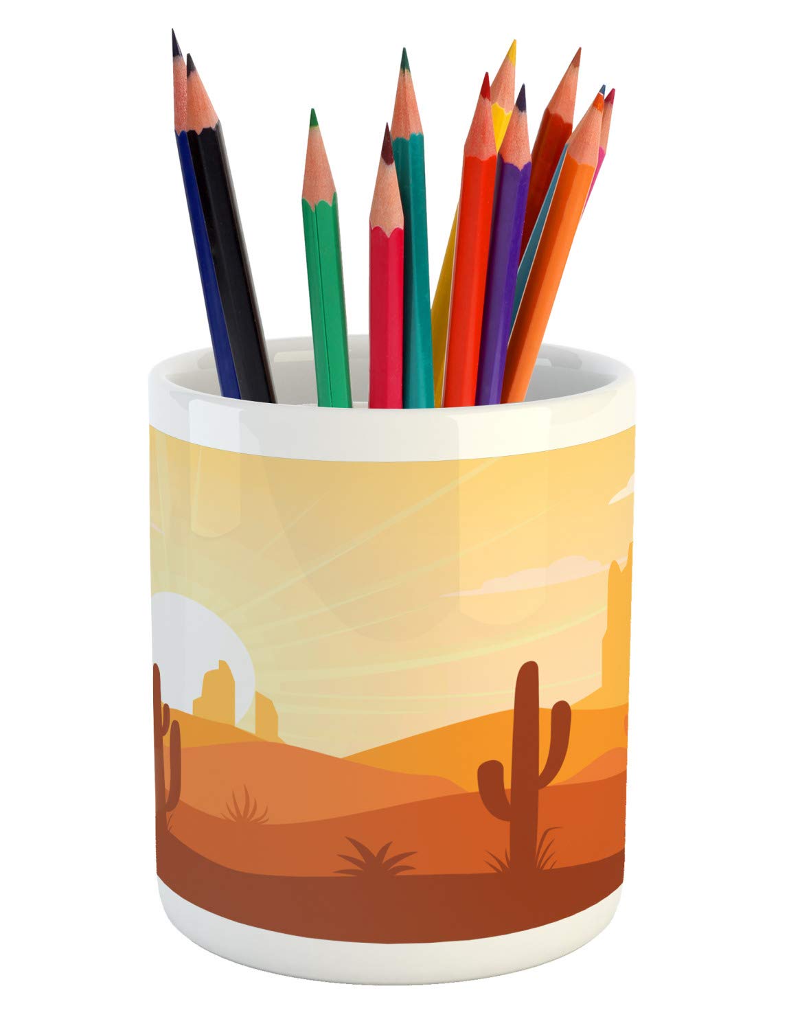 Ceramic Pencil Holder - Western Desert Cactus Cartoon Design, 3.6x3.2 Inch Orange Office Desk Organizer | Perfect for Home Office, School Supplies & Western Theme Decor