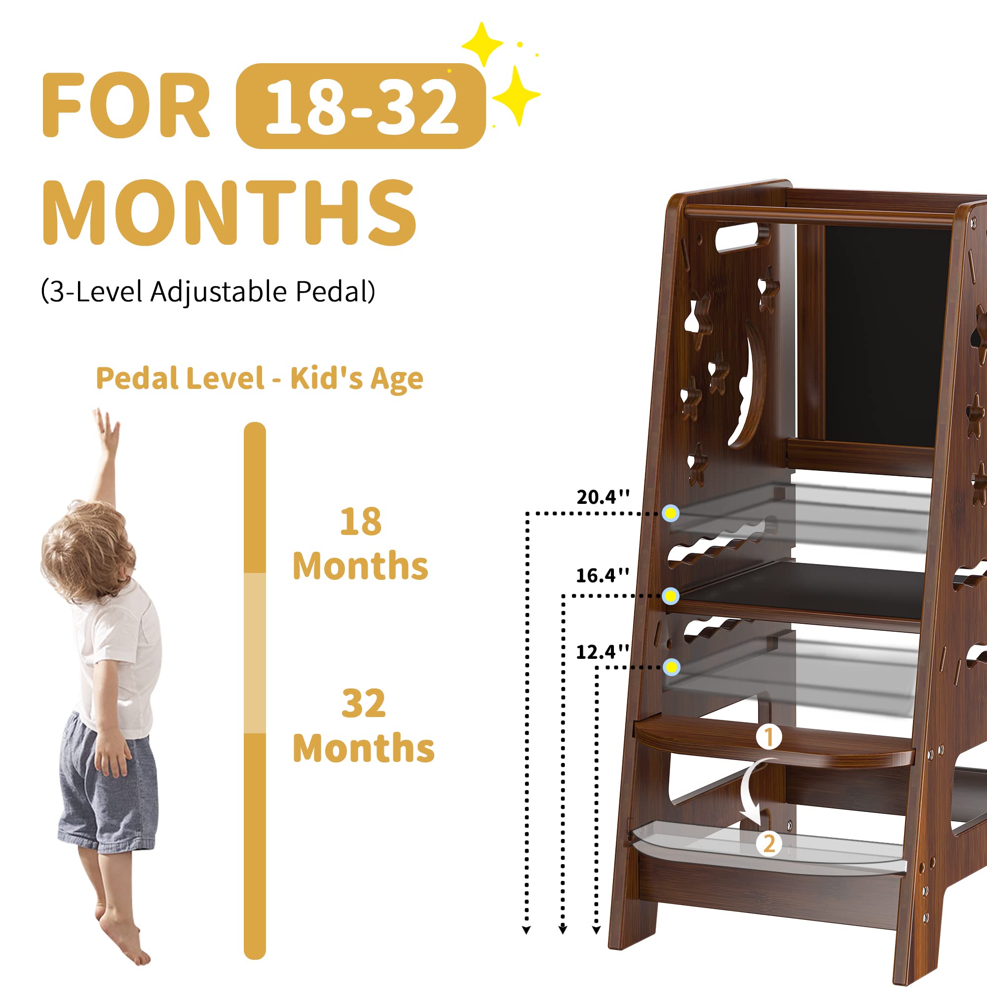 TOETOL Adjustable Bamboo Step Stool for Kids - Toddler Learning Tower with Safety Rail & Black White Activity Board - Perfect for Kitchen, Bathroom Sink, and Playtime Learning
