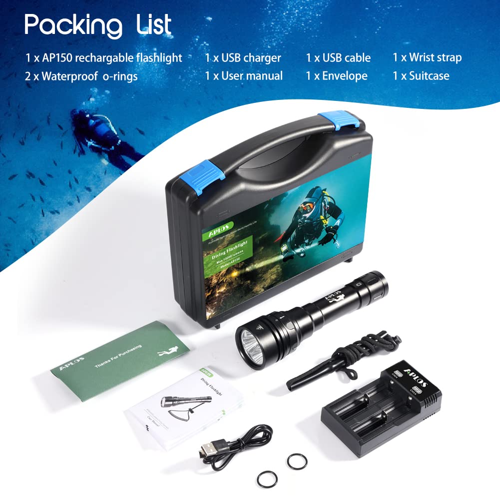 APLOS AP150 15000 Lumen Rechargeable Scuba Diving Flashlight - Waterproof Underwater Dive Light for Deep Sea Exploration to 492ft - Includes Battery & Charger - Perfect for Night Diving, Cave Diving, and Marine Photography
