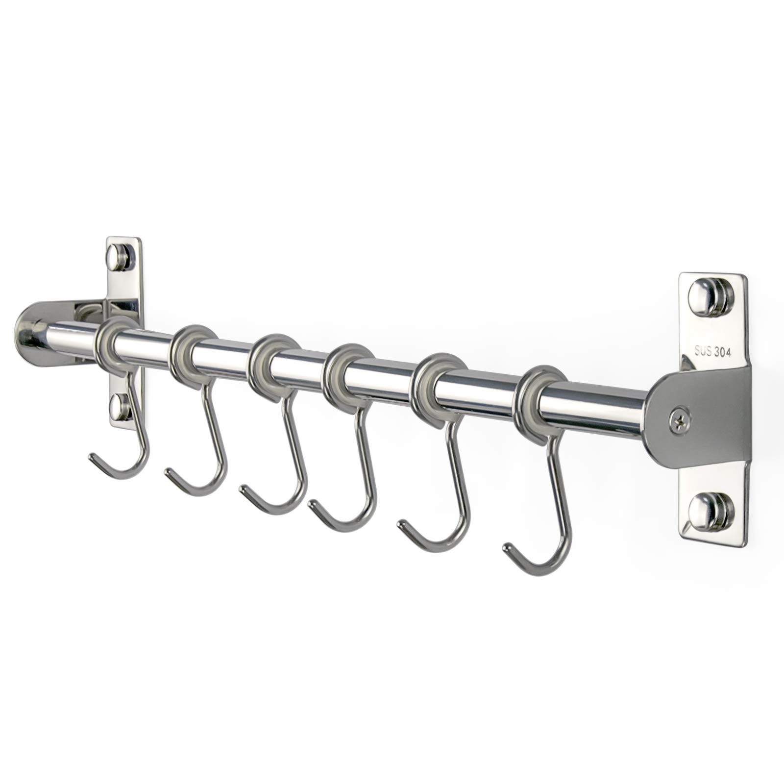 Stainless Steel Wall Mounted Kitchen Rail with 6 Hooks - Utensil Holder & Pot Lid Rack for Kitchen Tools, Towels, Pans, Spoons - Polished Finish for Modern Kitchen Organization & Storage