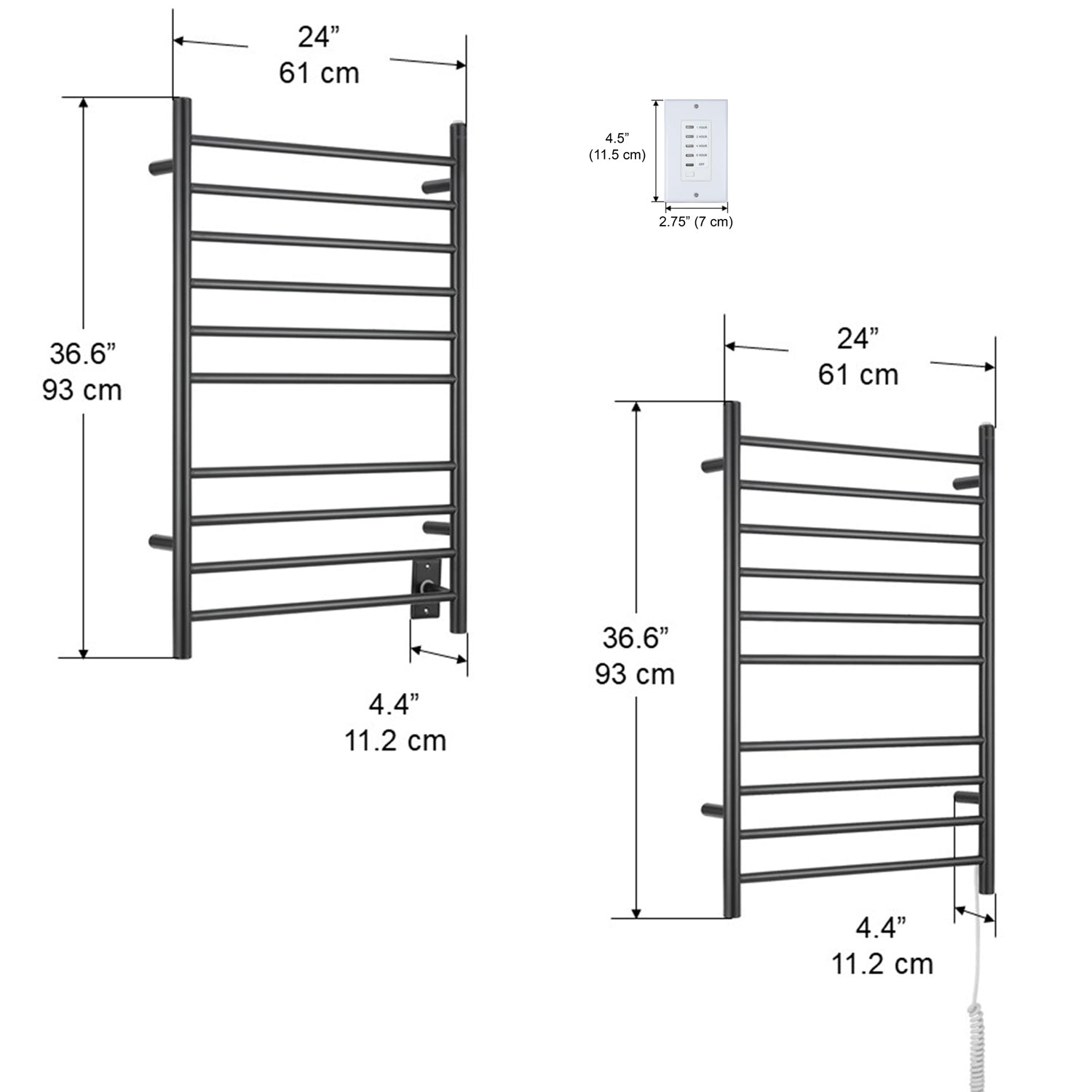 Ancona Novara 10 Bar Matte Black Wall Mounted Towel Warmer with Timer - Bathroom Heated Towel Rack for Spa, Luxury Home & Hotel Use