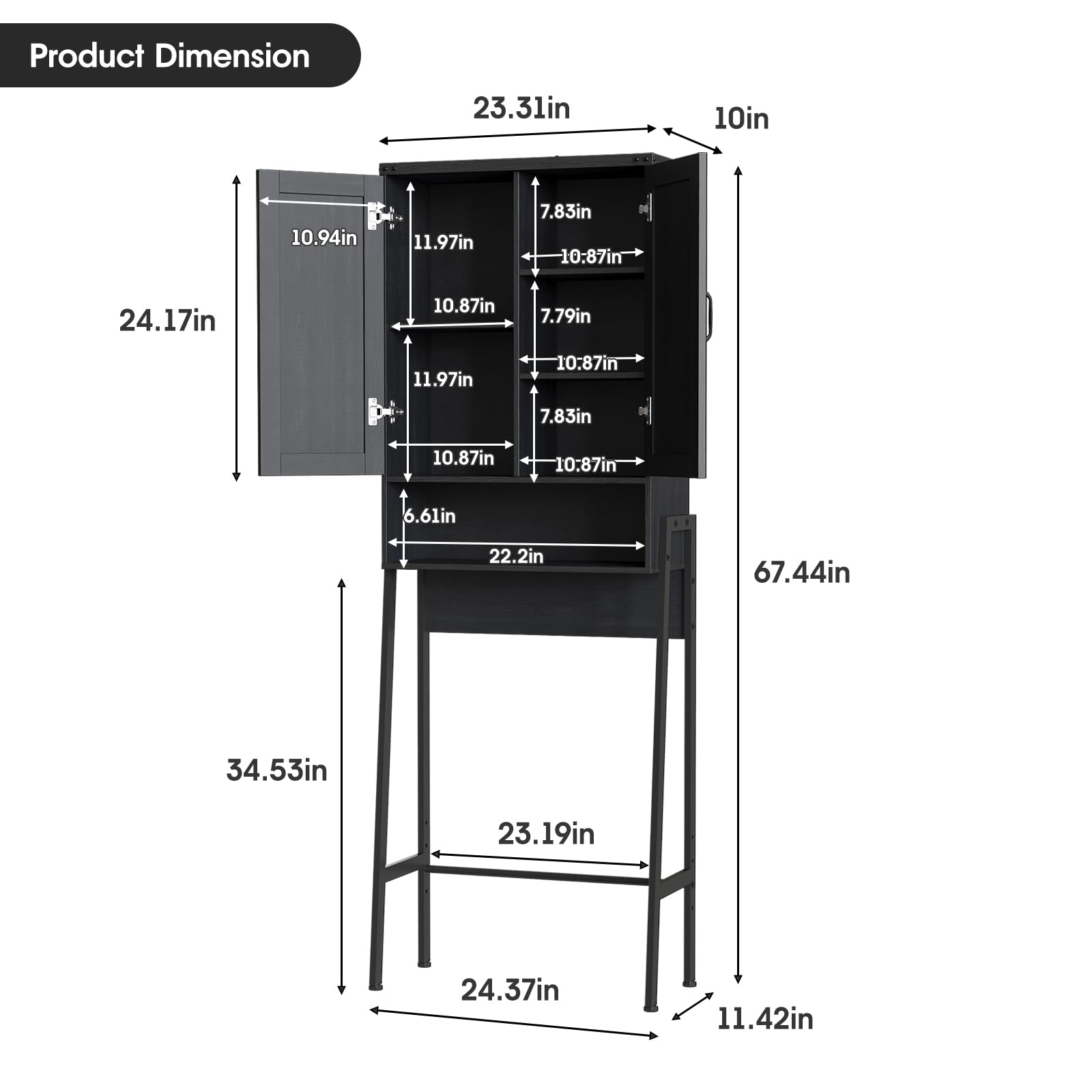 Over The Toilet Storage Cabinet with 2 Doors - Bathroom Organizer with Shelves & Anti-Tip Device - Space Saving Storage for Bathroom, Restroom & Laundry - Perfect for Small Spaces & Apartment Living (Black)