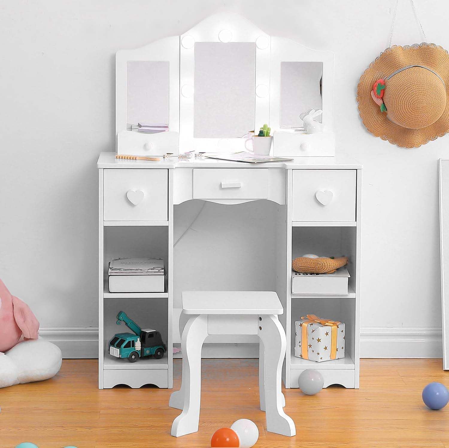 GAOMON Kids Vanity Table with Tri-Fold Mirror & Chair - Wooden Princess Makeup Playset for Girls with Drawer & Open Shelves - Perfect for Bedroom, Playroom & Birthday Gifts (Toddler Friendly)