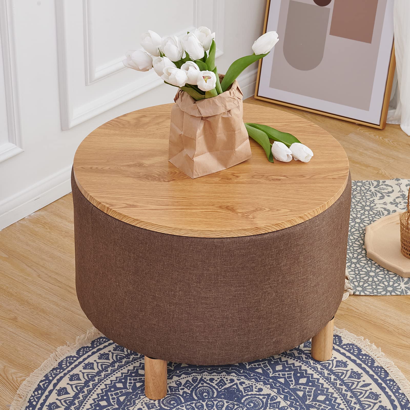 Round Coffee Table with Storage - Multi-Function Ottoman Foot Rest, High-Capacity Cotton Linen Fabric, Natural Color - Perfect for Living Room, Bedroom & Home Office Use