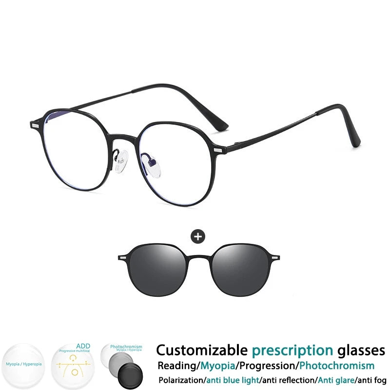 CCspace Women's Full Rim Round Alloy Eyeglasses with Clip-On Sunglasses - Stylish Prescription Glasses & UV Protection Shades for Work, Driving, and Outdoor Activities (Model 302078)