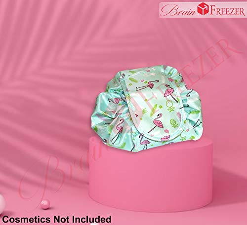 Portable Round Cosmetic & Toiletry Storage Bag - Multifunctional Travel Organizer for Makeup, Skincare, Jewelry (Light Green Pink Flamingo Print) - Perfect for Vacation, Gym, Beach & Daily Use