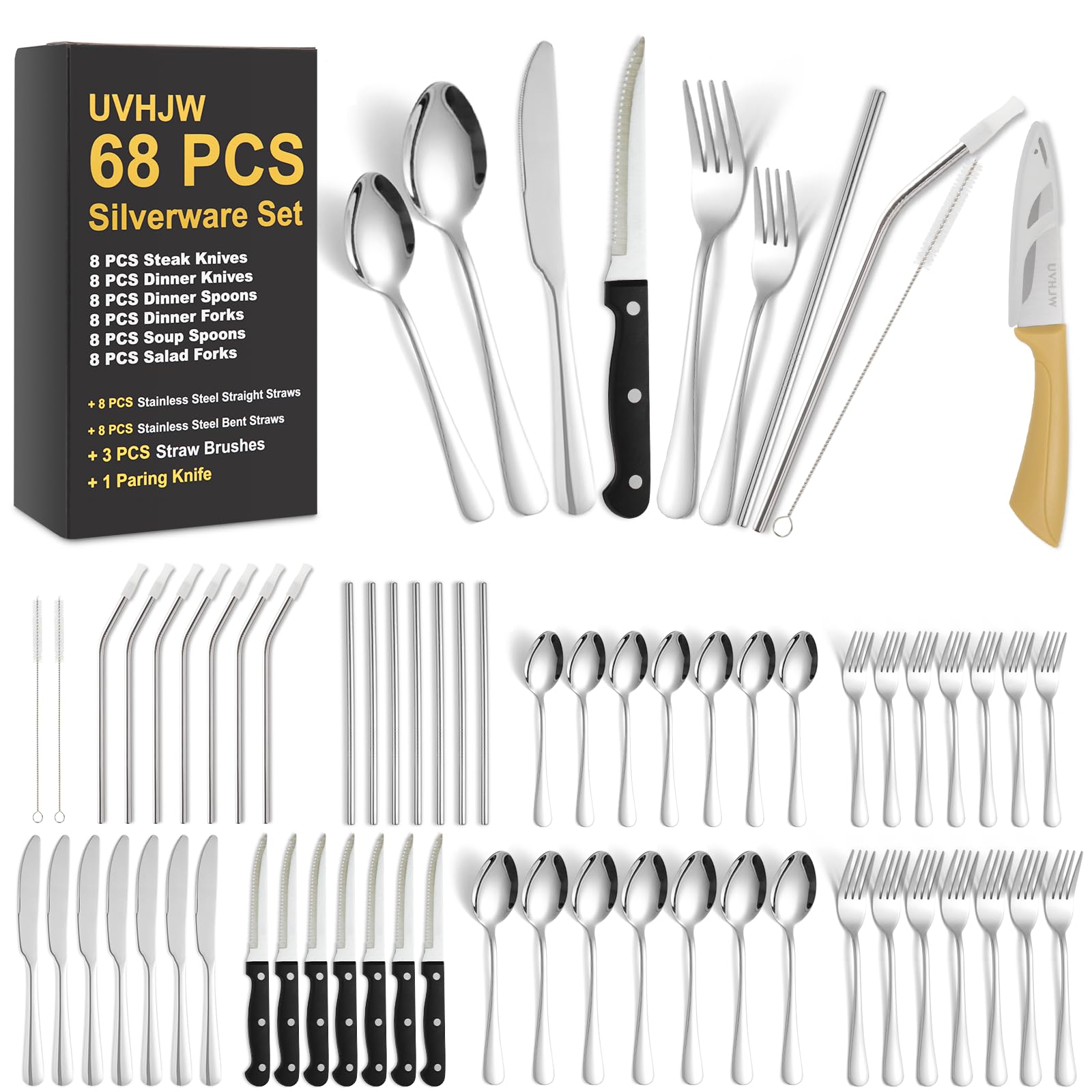 68-Piece Stainless Steel Silverware Set with Steak Knives - Mirror Polished Flatware Cutlery Set for 8 People - Dishwasher Safe Tableware (Forks, Spoons, Knives) - Perfect for Home Kitchen, Dinner Parties, Restaurants & Daily Dining