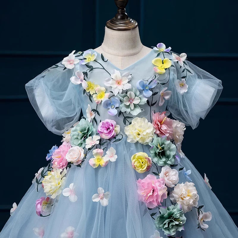 Blue Princess V-Neck Tea-Length Tulle Flower Girl Dress for Weddings, Parties & Special Occasions