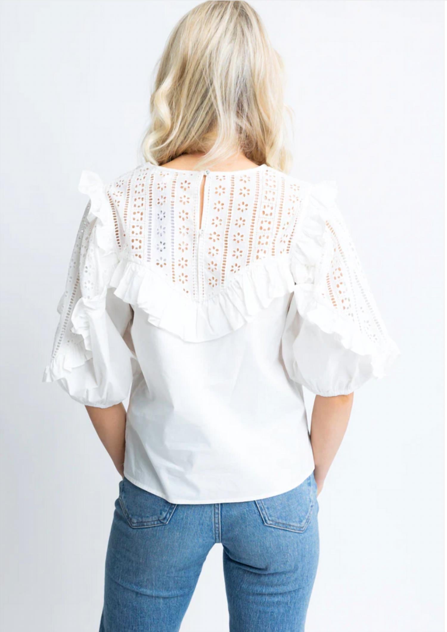 Graceful Gal Eyelet Poplin Top - Women's White Lace Summer Blouse for Casual Wear & Beach Outings
