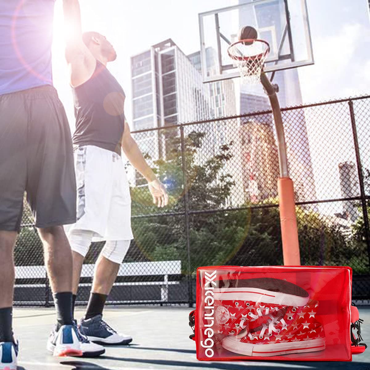 Xicennego Portable Basketball Shoe Bag with Zipper - Waterproof Sneaker Storage Organizer - Foldable PU Shoe Pouch for Travel & Gym - Durable Shoe Box Bag for Men & Women (Red) - Perfect for Basketball Practice, Sports Travel & Shoe Protection