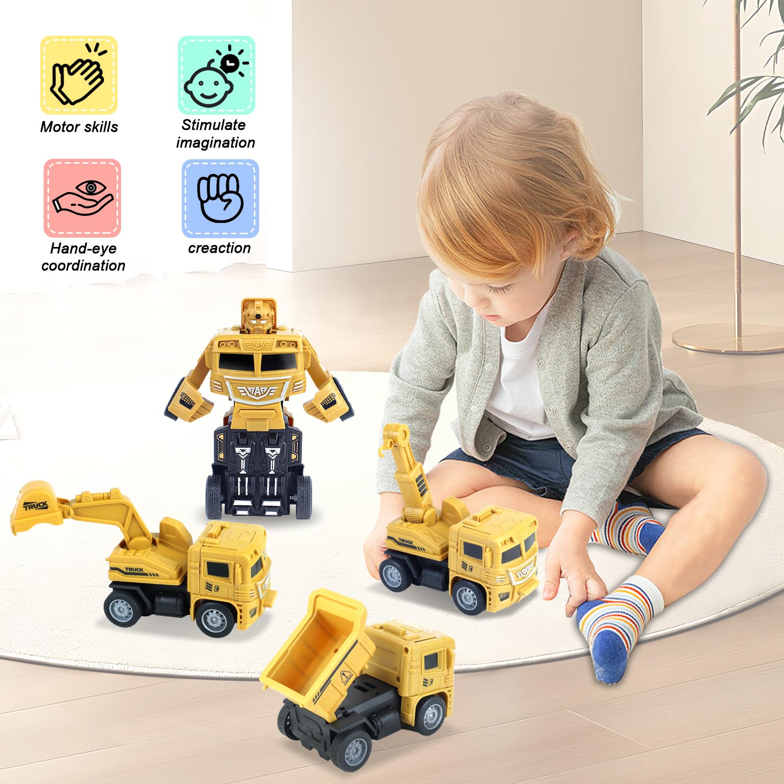 CORPER TOYS 4-Pack Construction Truck Toys Set with Dump Truck, Digger, Excavator & Cement Mixer - Friction Powered Transformable Vehicles for Kids - Perfect for Birthday Gifts, Pretend Play & STEM Learning
