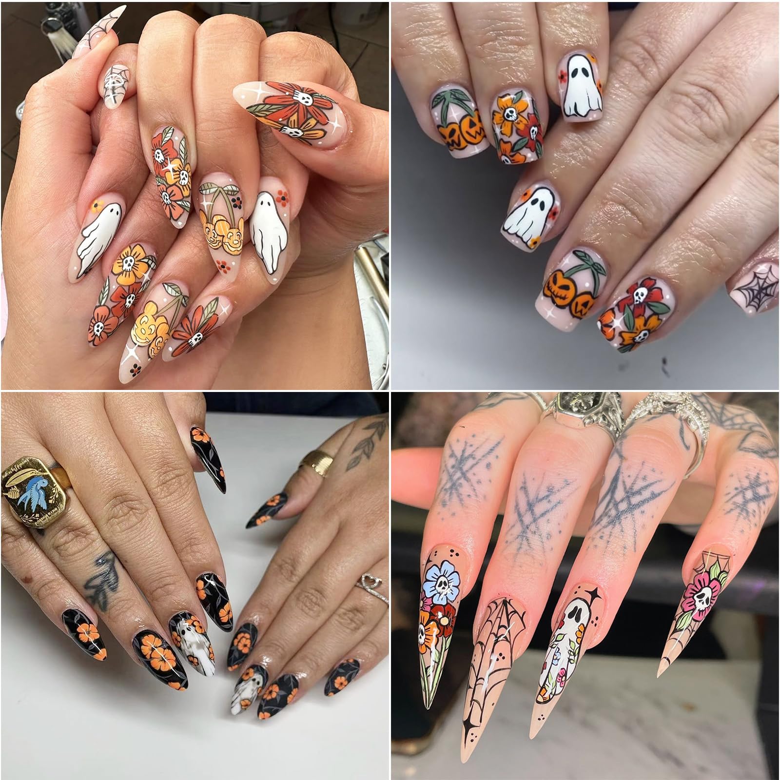 Halloween Nail Stickers - 5D Embossed Ghost & Skull Floral Nail Decals - Self-Adhesive Nail Art Supplies for Women & Kids - 2PCS - Perfect for Halloween Parties, Costume Nails & Spooky Manicure Decorations