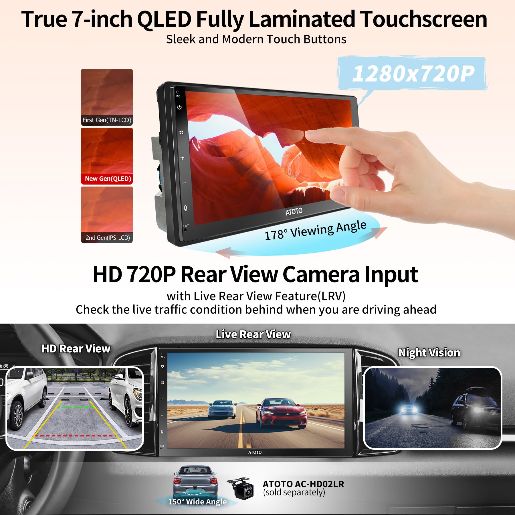 ATOTO A6 7-Inch Double DIN Android Car Stereo with 1280x720 QLED Touchscreen - Wireless Apple CarPlay & Android Auto - 4GB RAM + 64GB Storage - Dual Bluetooth, MirrorLink, GPS, WiFi/BT/USB Tethering (A6G2C7PP) - Perfect for Road Trips & Daily Commuting