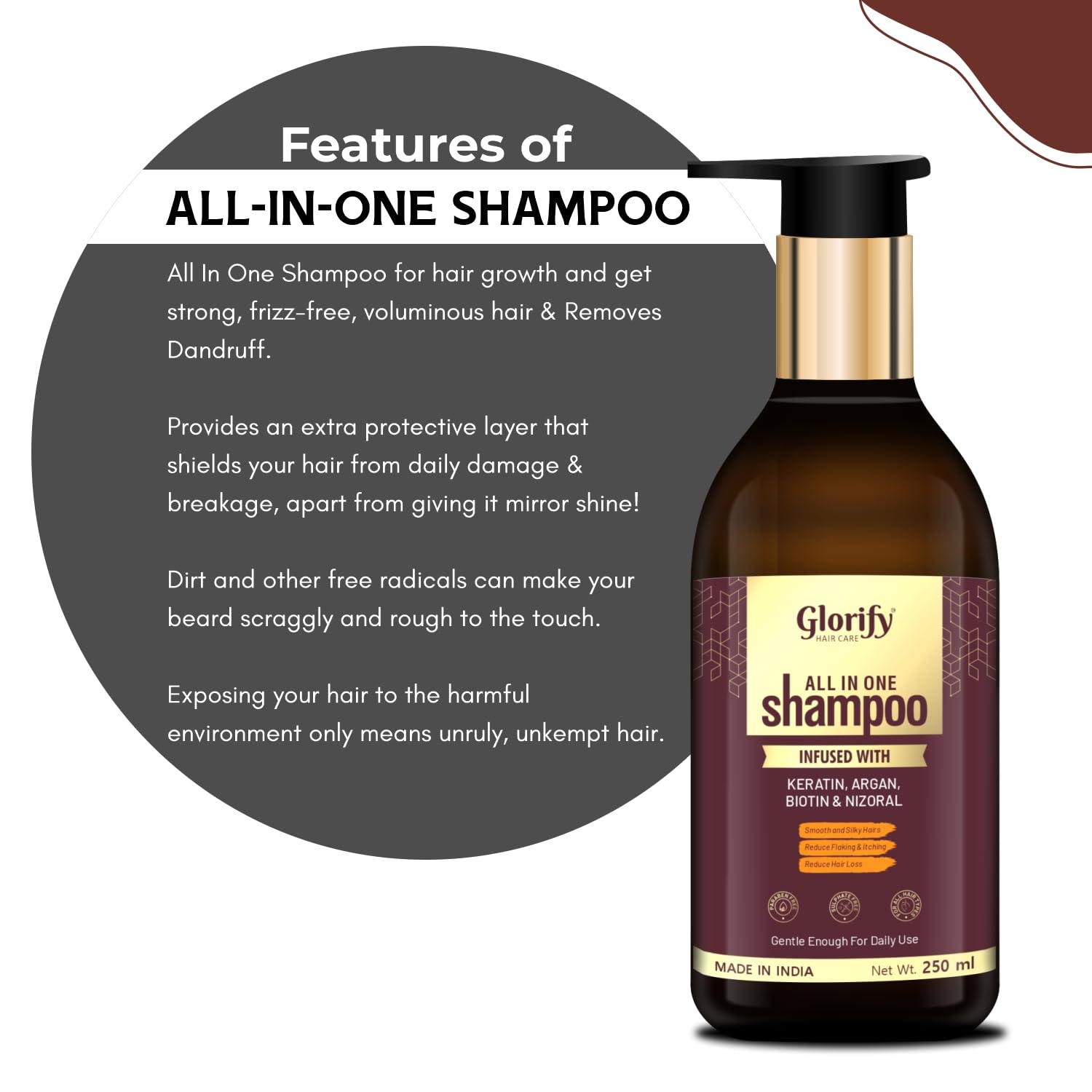 Glorify Biotin Shampoo with Keratin & Collagen for Hair Growth & Strength | Volumizing & Anti-Dandruff Shampoo | Reduces Itching & Repairs Damaged Hair | Controls Hair Loss for Men & Women | 250ml | Perfect for Daily Use & Hair Care Routine