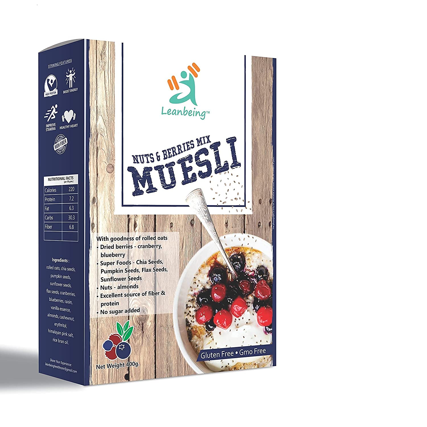 DKM Leanbeing Muesli Nut, Berries & Seeds Mix 400G | Gluten Free Breakfast Cereal | Natural & Naturally Sweetened | High Fiber Healthy Snack | Perfect for Smoothie Bowls, Yogurt Toppings & On-the-Go Breakfast