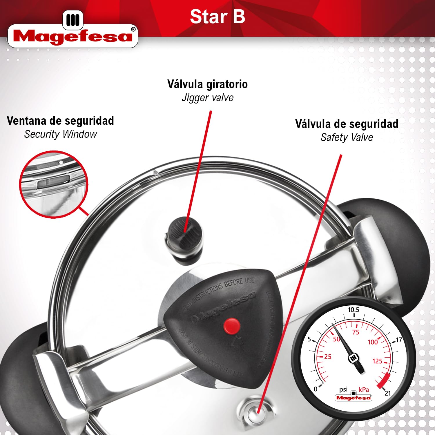 Premium MAGEFESA Star Belly Pressure Cooker 6.3 Quart - 18/10 Stainless Steel with Rounded Bottom - Universal Stovetop Compatible (Including Induction) - 3 Safety Systems - 8 PSI - Perfect for Home Cooking, Meal Prep & Large Family Dinners