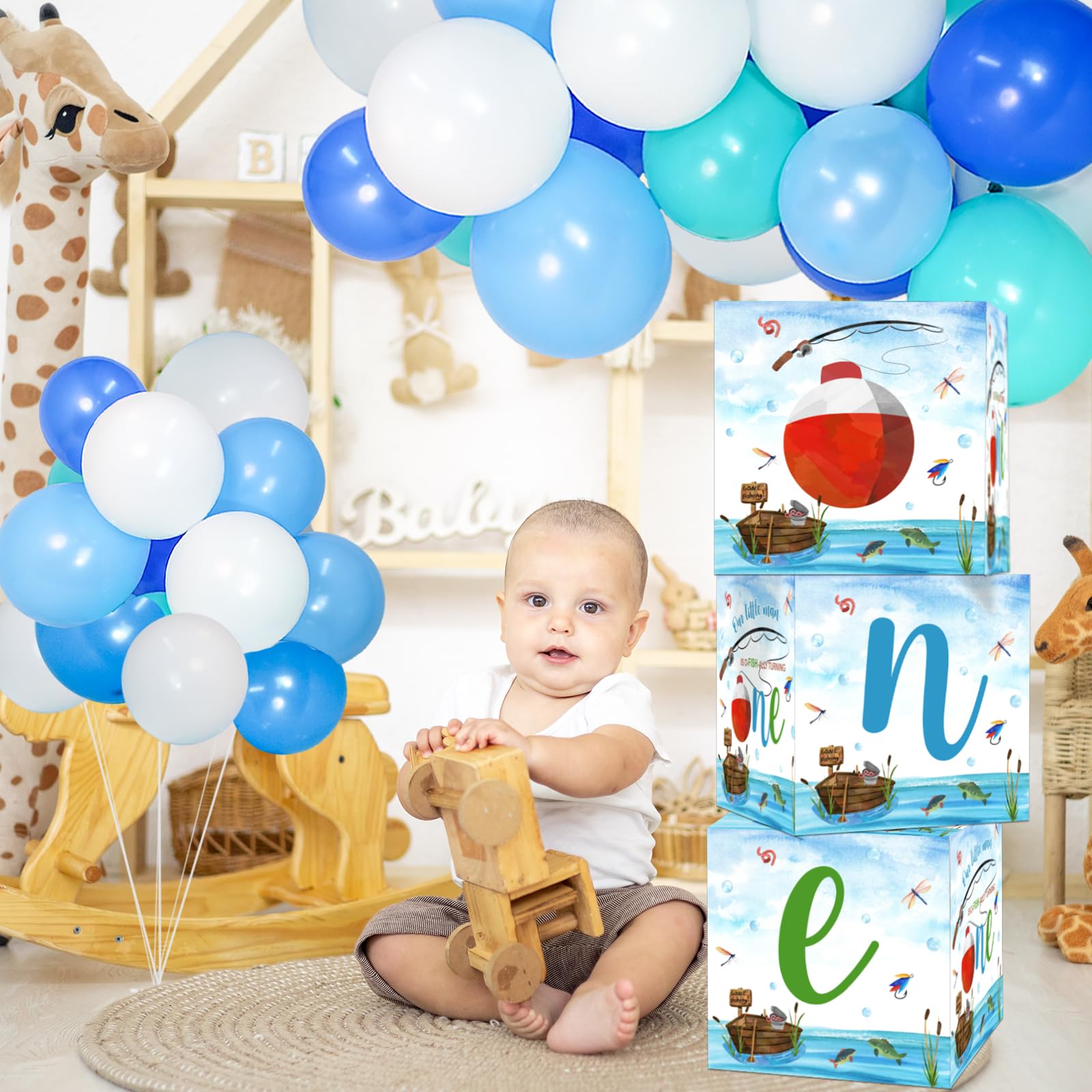 Gone Fishing First Birthday Decorations for Boys - Blue & White Balloon Arch Kit with Latex & Foil Balloons - Fishing Themed Party Supplies for Outdoor, Underwater or Nautical Birthday Celebrations